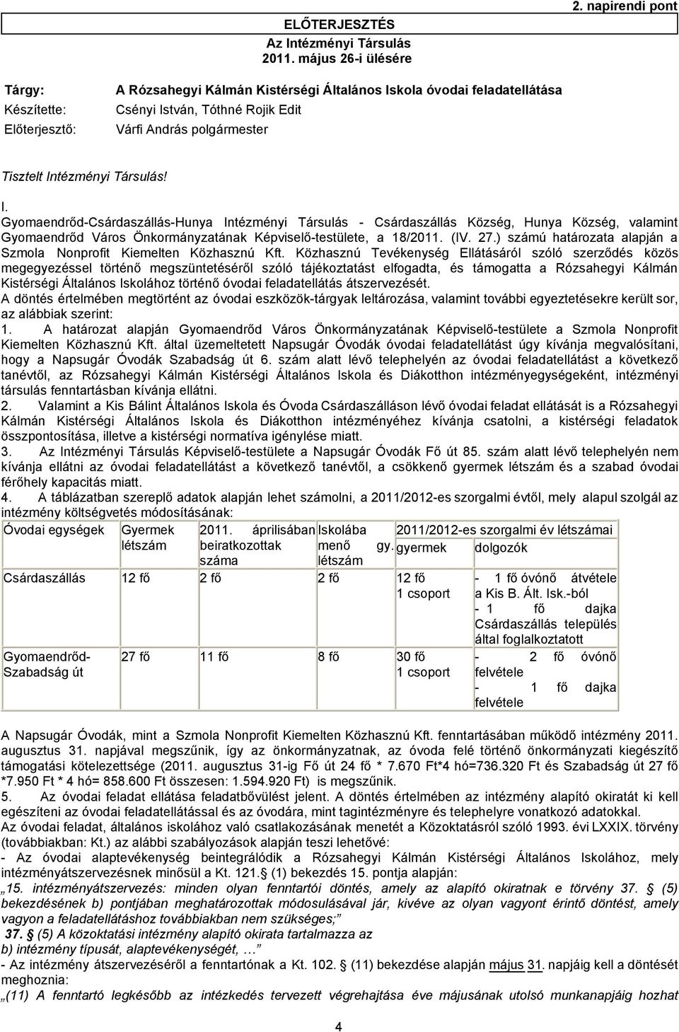 Társulás! I. Gyomaendrőd-Csárdaszállás-Hunya Intézményi Társulás - Csárdaszállás Község, Hunya Község, valamint Gyomaendrőd Város Önkormányzatának Képviselő-testülete, a 8/0. (IV. 7.