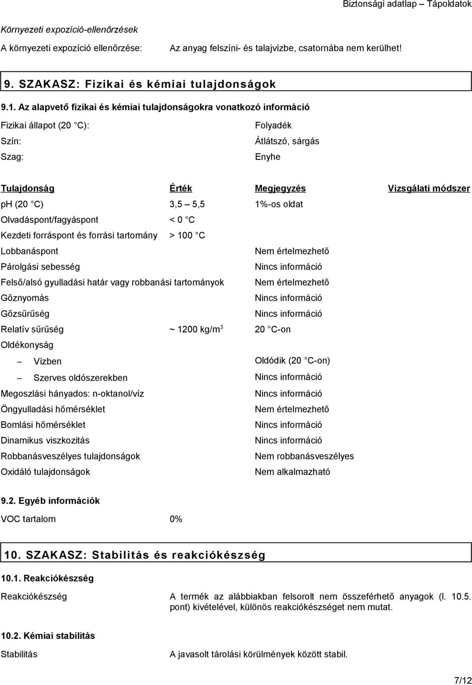 5,5 1%-os oldat Olvadáspont/fagyáspont < 0 C Kezdeti forráspont és forrási tartomány > 100 C Lobbanáspont Nem értelmezhető Párolgási sebesség Nincs információ Felső/alsó gyulladási határ vagy