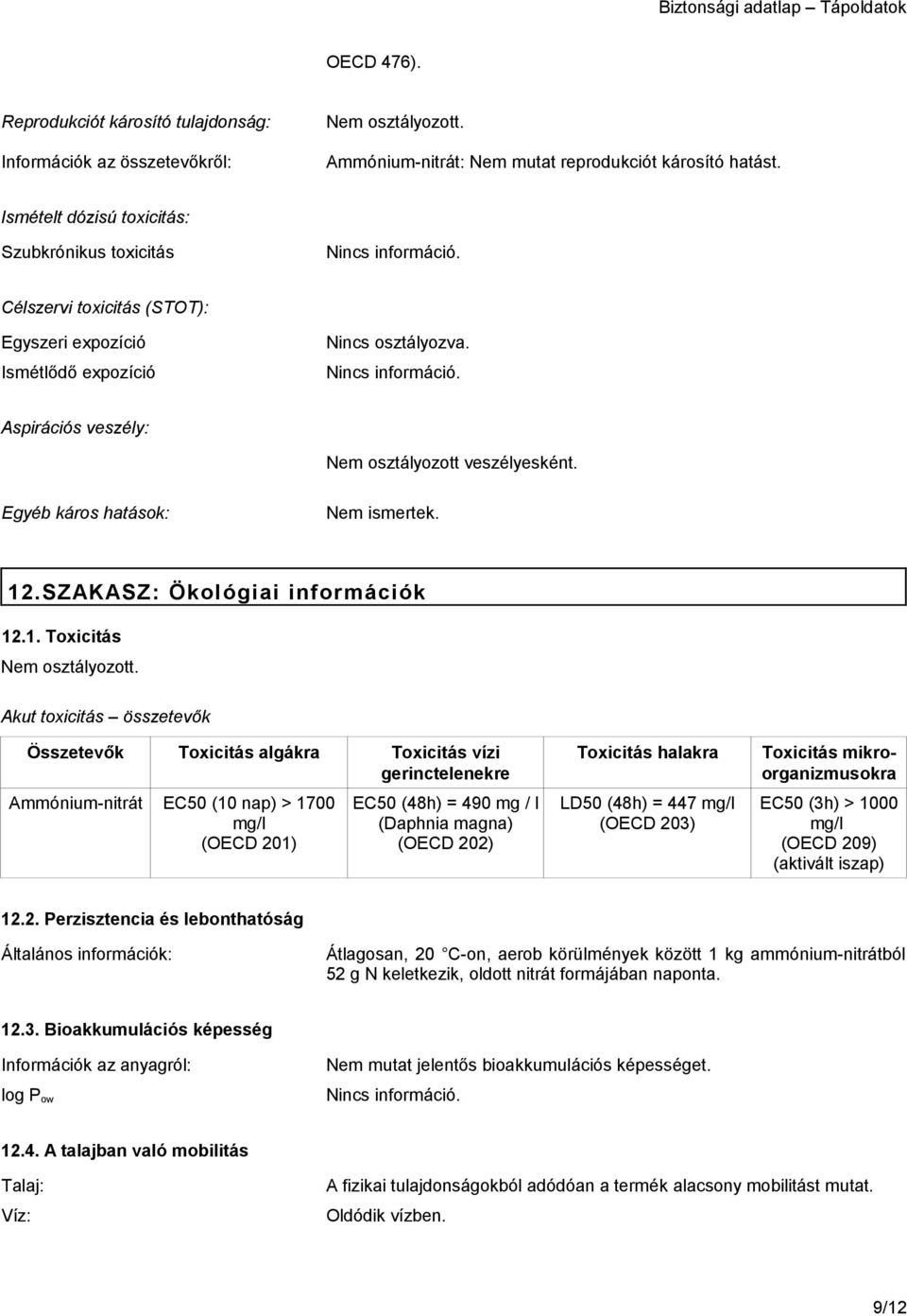 Egyéb káros hatások: Nem ismertek. 12.SZAKASZ: Ökológiai információk 12.1. Toxicitás Nem osztályozott.