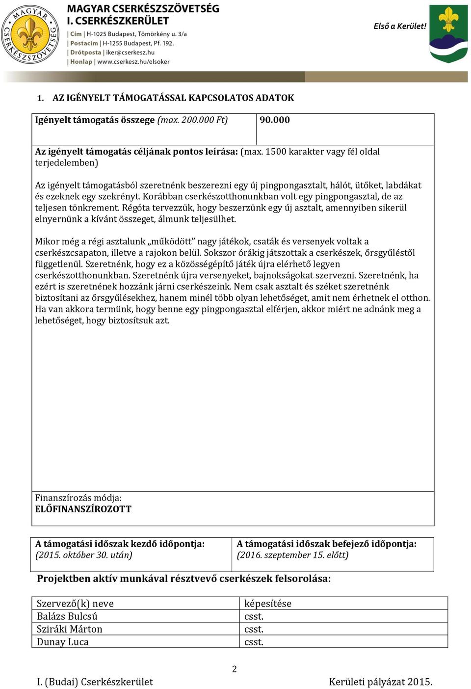 Korábban cserkészotthonunkban volt egy pingpongasztal, de az teljesen tönkrement. Régóta tervezzük, hogy beszerzünk egy új asztalt, amennyiben sikerül elnyernünk a kívánt összeget, álmunk teljesülhet.