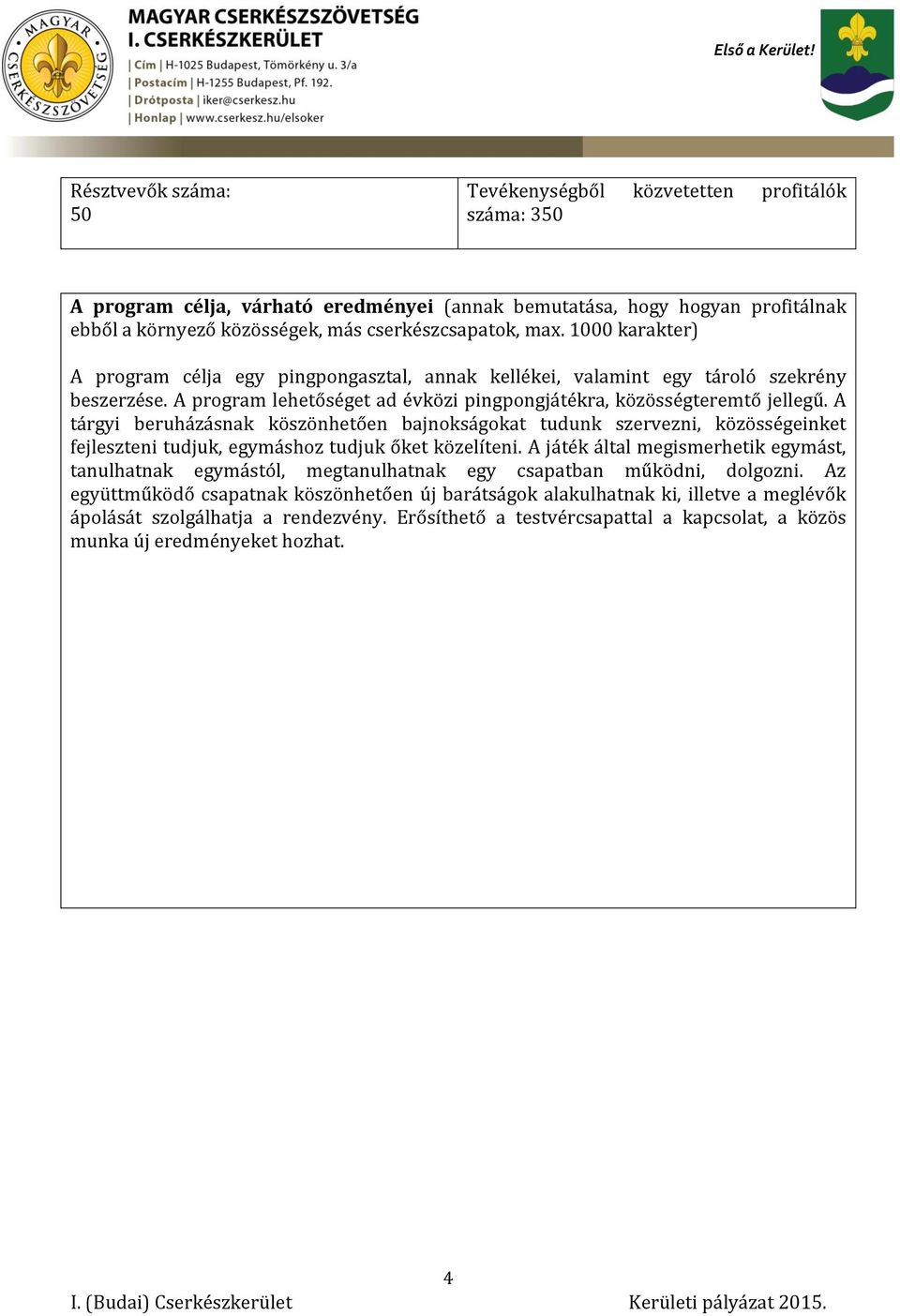 A tárgyi beruházásnak köszönhetően bajnokságokat tudunk szervezni, közösségeinket fejleszteni tudjuk, egymáshoz tudjuk őket közelíteni.