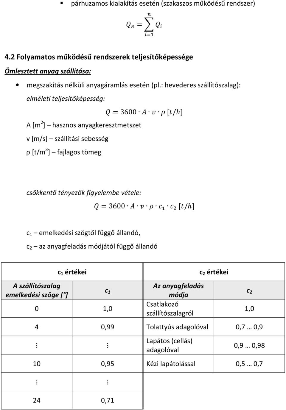 : hevederes szállítószalag): elméleti teljesítőképesség: 7=3600 J 6 [/h] A [m 2 ] hasznos anyagkeresztmetszet v [m/s] szállítási sebesség ρ [t/m 3 ] fajlagos tömeg csökkentő tényezők