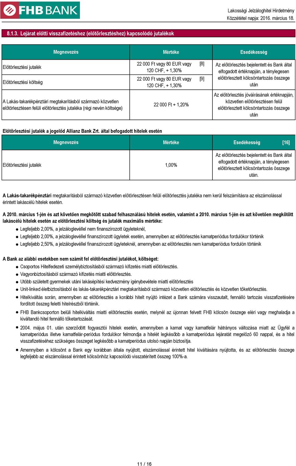 Ft vagy 80 EUR vagy 120 CHF, + 1,30% [8] [9] Az előtörlesztés bejelentett és Bank által elfogadott értéknapján, a ténylegesen előtörlesztett kölcsöntartozás összege után A Lakás-takarékpénztári