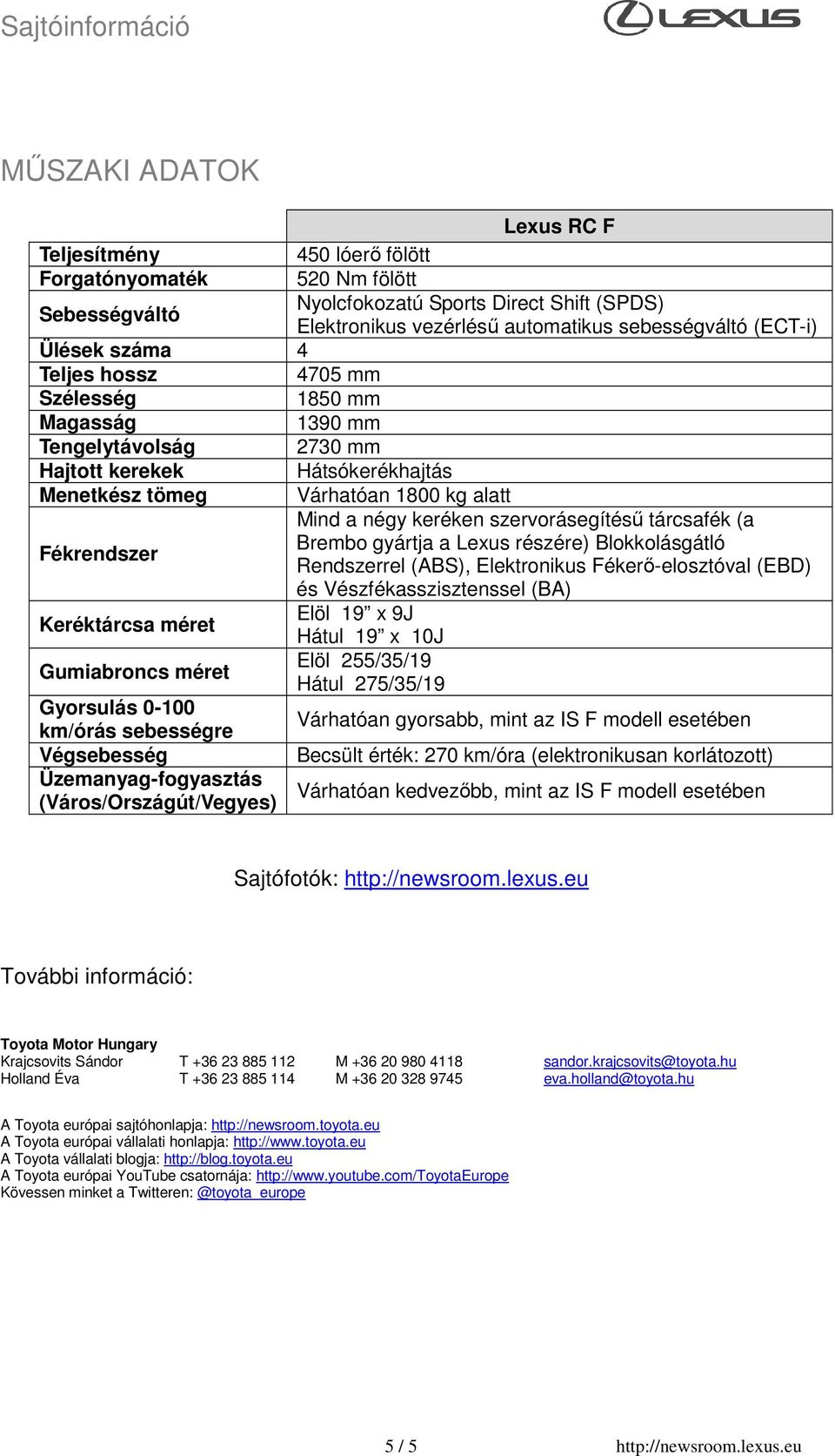 szervorásegítésű tárcsafék (a Fékrendszer Brembo gyártja a Lexus részére) Blokkolásgátló Rendszerrel (ABS), Elektronikus Fékerő-elosztóval (EBD) és Vészfékasszisztenssel (BA) Keréktárcsa méret Elöl