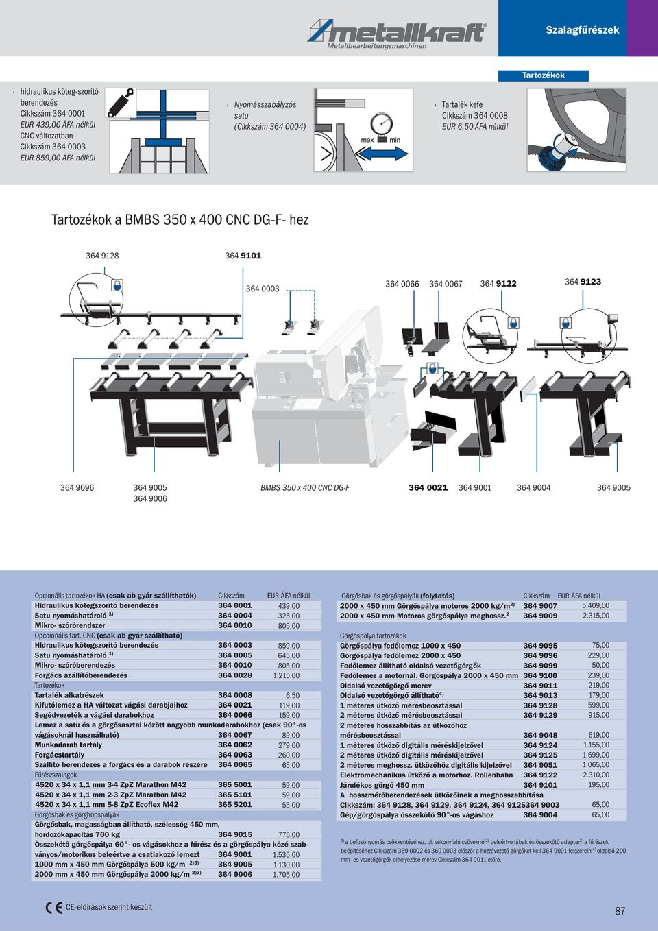 x 400 CNC DG-F 364 0021 364 9001 364 9004 364 9005 Opcionális tartozékok HA (csak ab gyár szállíthatók) Cikkszám EUR ÁFA nélkül Hidraulikus kötegszorító berendezés 364 0001 439,00 Satu nyomáshatároló