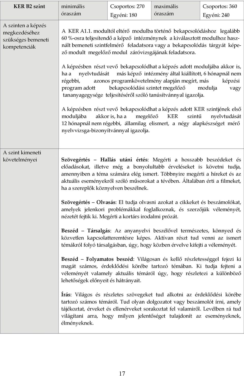 1. modultól eltérő modulba történő bekapcsolódáshoz legalább 60 % osra teljesítendő a képző intézménynek a kiválasztott modulhoz használt bemeneti szintfelmérő feladatsora vagy a bekapcsolódás