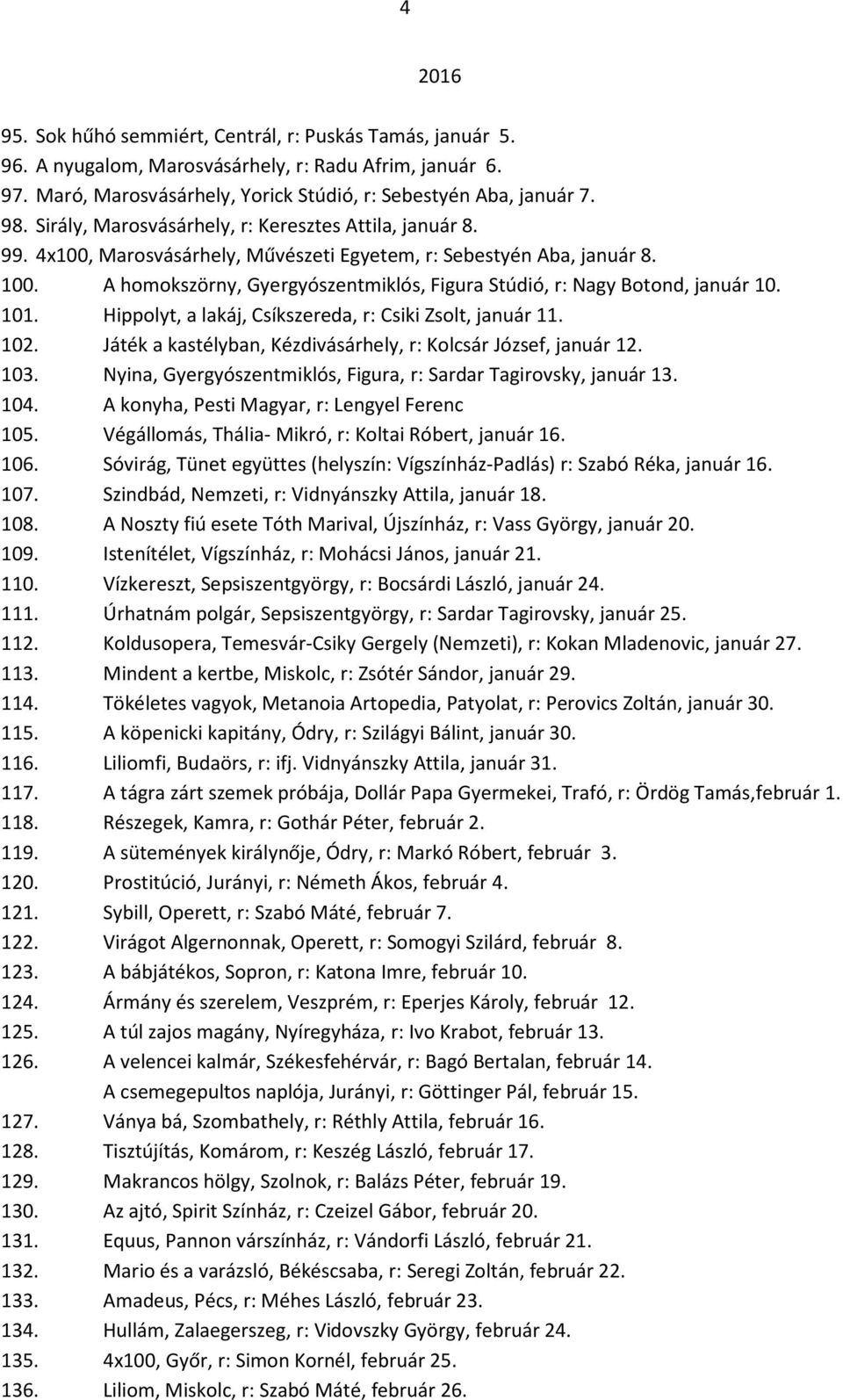 A homokszörny, Gyergyószentmiklós, Figura Stúdió, r: Nagy Botond, január 10. 101. Hippolyt, a lakáj, Csíkszereda, r: Csiki Zsolt, január 11. 102.