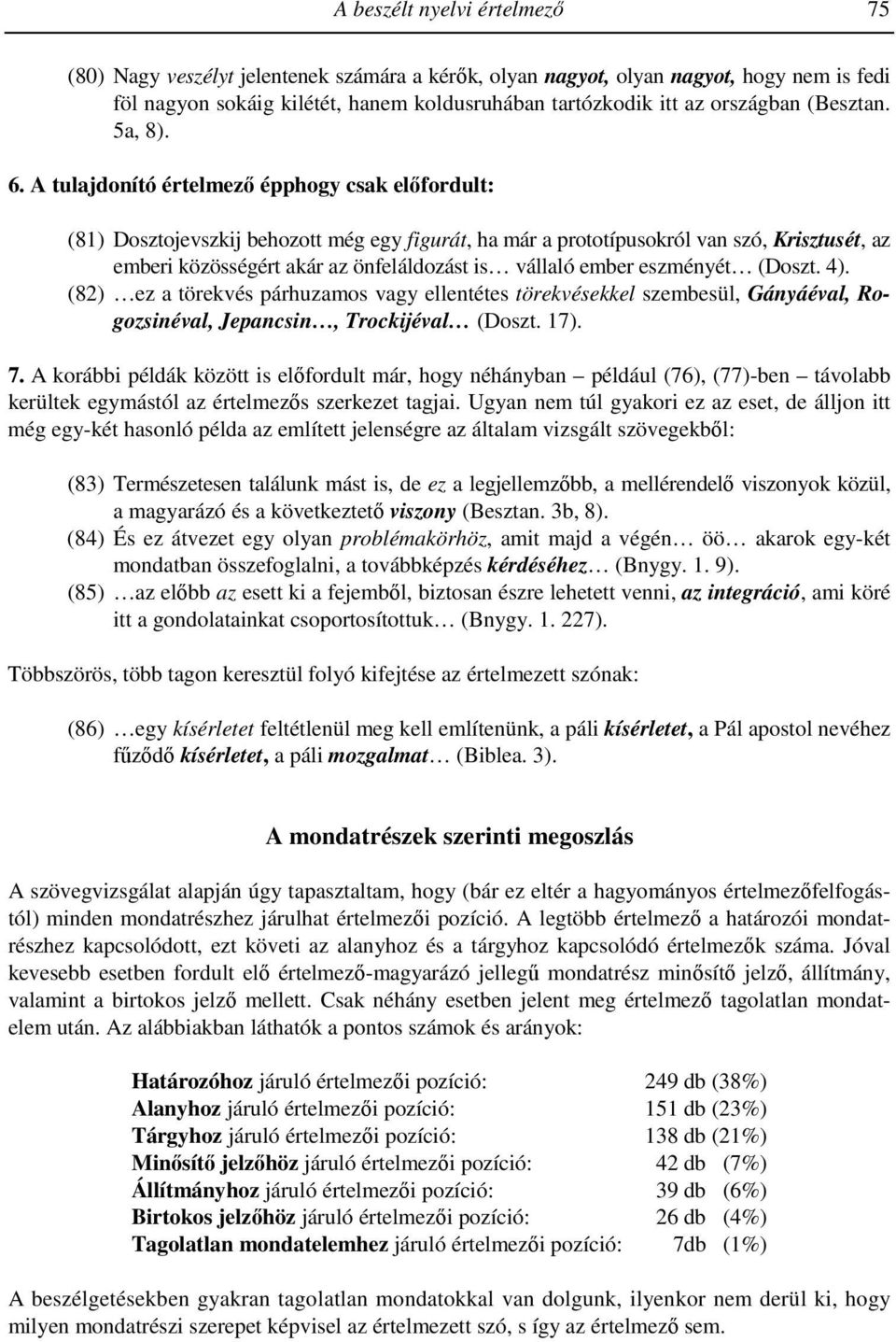 A tulajdonító értelmezı épphogy csak elıfordult: (81) Dosztojevszkij behozott még egy figurát, ha már a prototípusokról van szó, Krisztusét, az emberi közösségért akár az önfeláldozást is vállaló