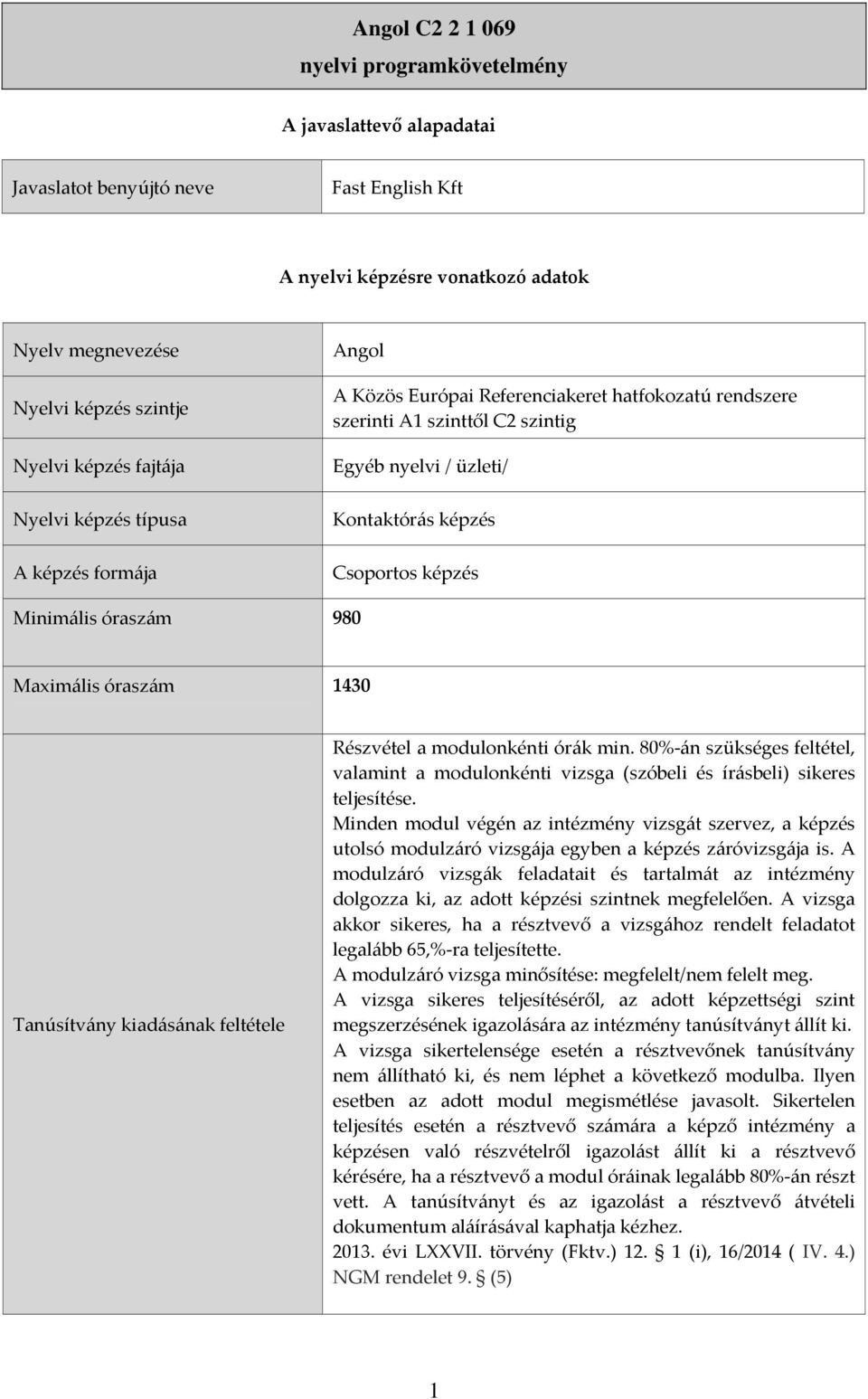 Minimális óraszám 980 Maximális óraszám 1430 Tanúsítvány kiadásának feltétele Részvétel a modulonkénti órák min.