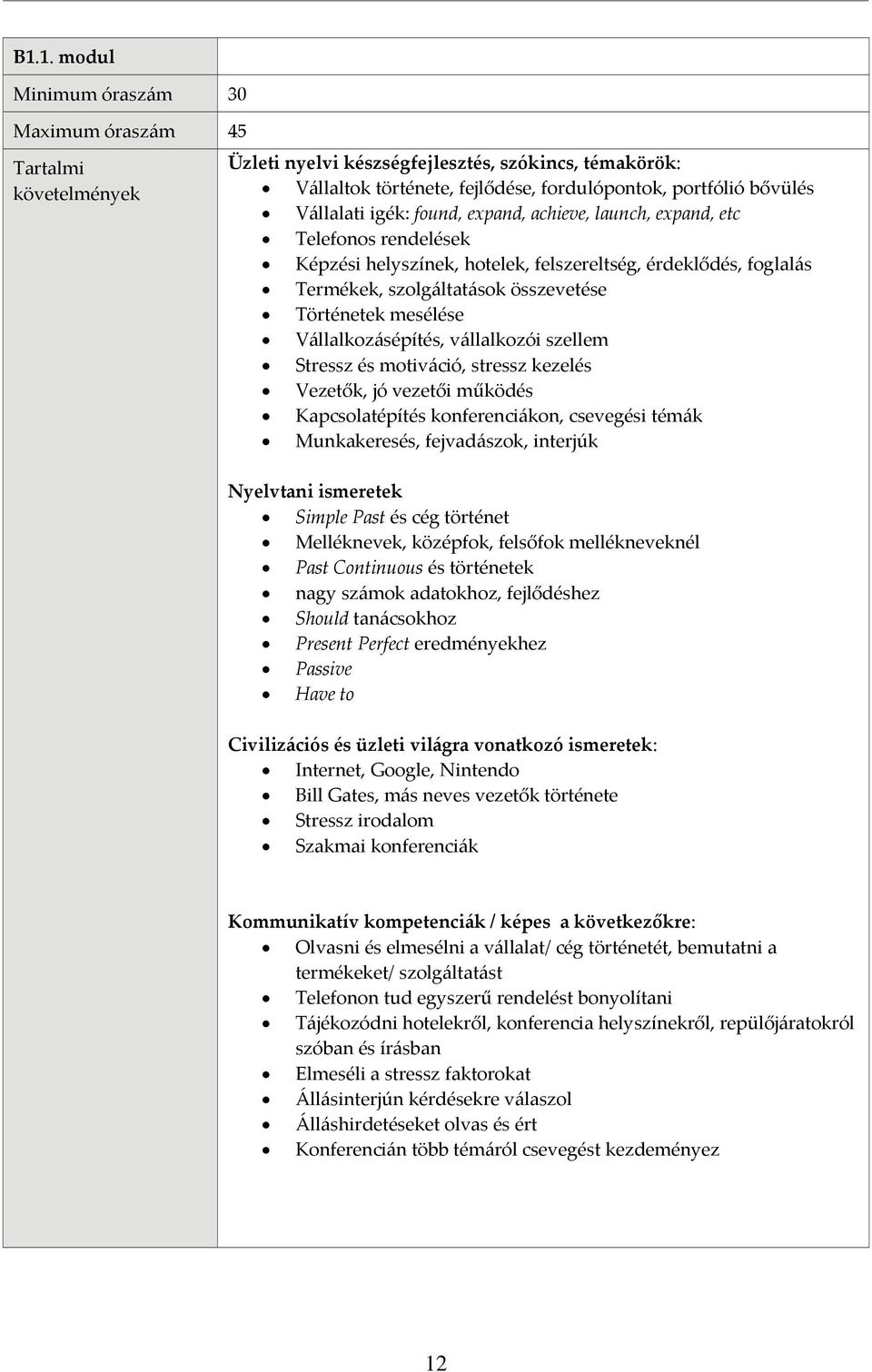 Vezetők, jó vezetői működés Kapcsolatépítés konferenciákon, csevegési témák Munkakeresés, fejvadászok, interjúk Simple Past és cég történet Melléknevek, középfok, felsőfok mellékneveknél Past