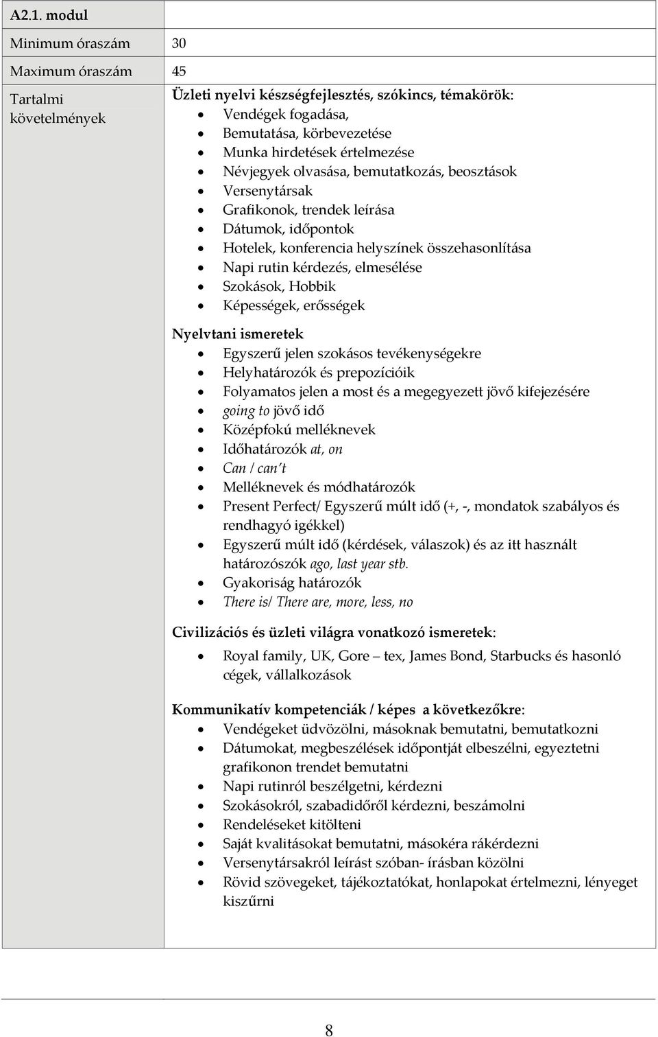 Helyhatározók és prepozícióik Folyamatos jelen a most és a megegyezett jövő kifejezésére going to jövő idő Középfokú melléknevek Időhatározók at, on Can / can t Melléknevek és módhatározók Present