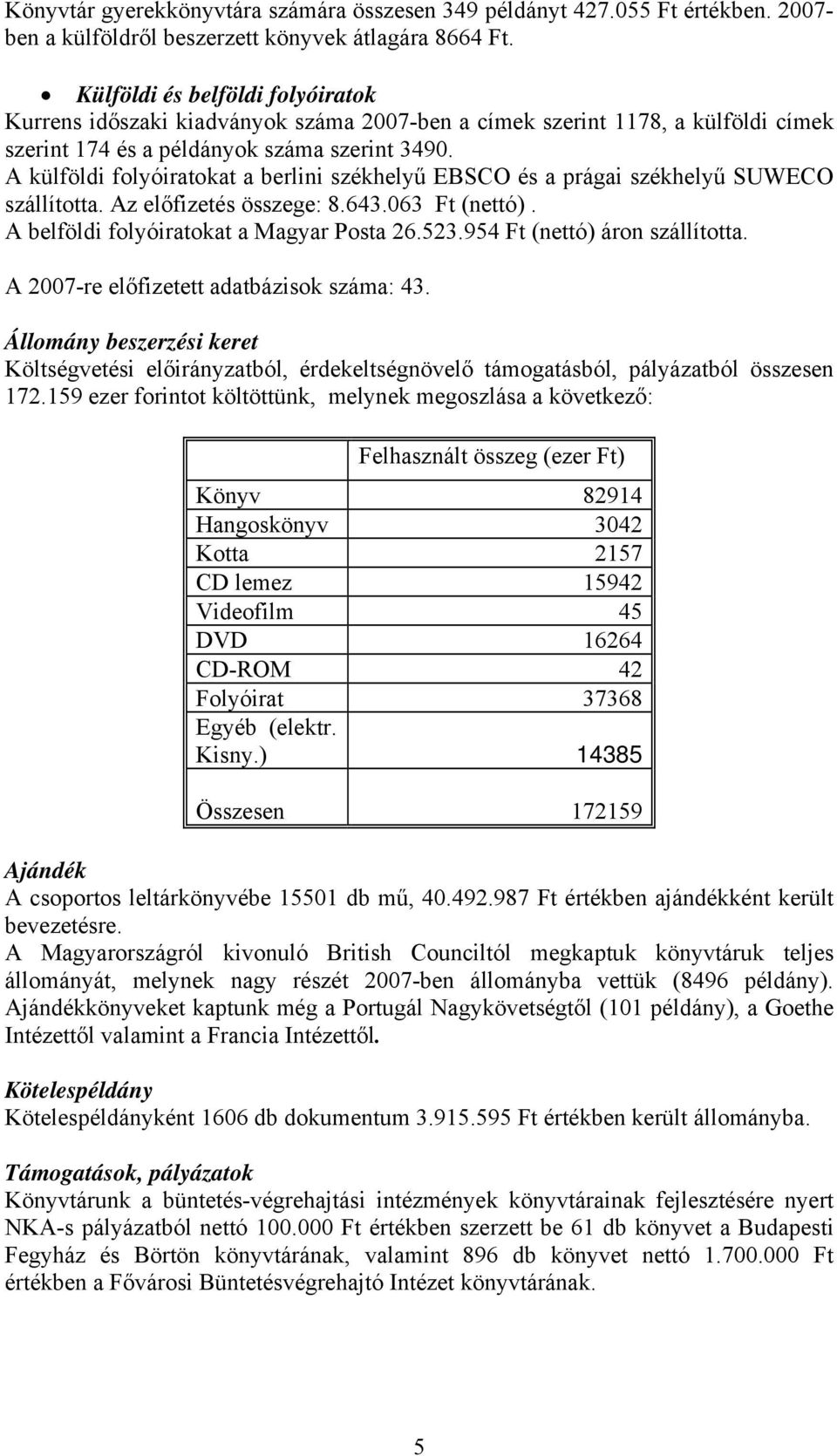 A külföldi folyóiratokat a berlini székhelyű EBSCO és a prágai székhelyű SUWECO szállította. Az előfizetés összege: 8.643.063 Ft (nettó). A belföldi folyóiratokat a Magyar Posta 26.523.