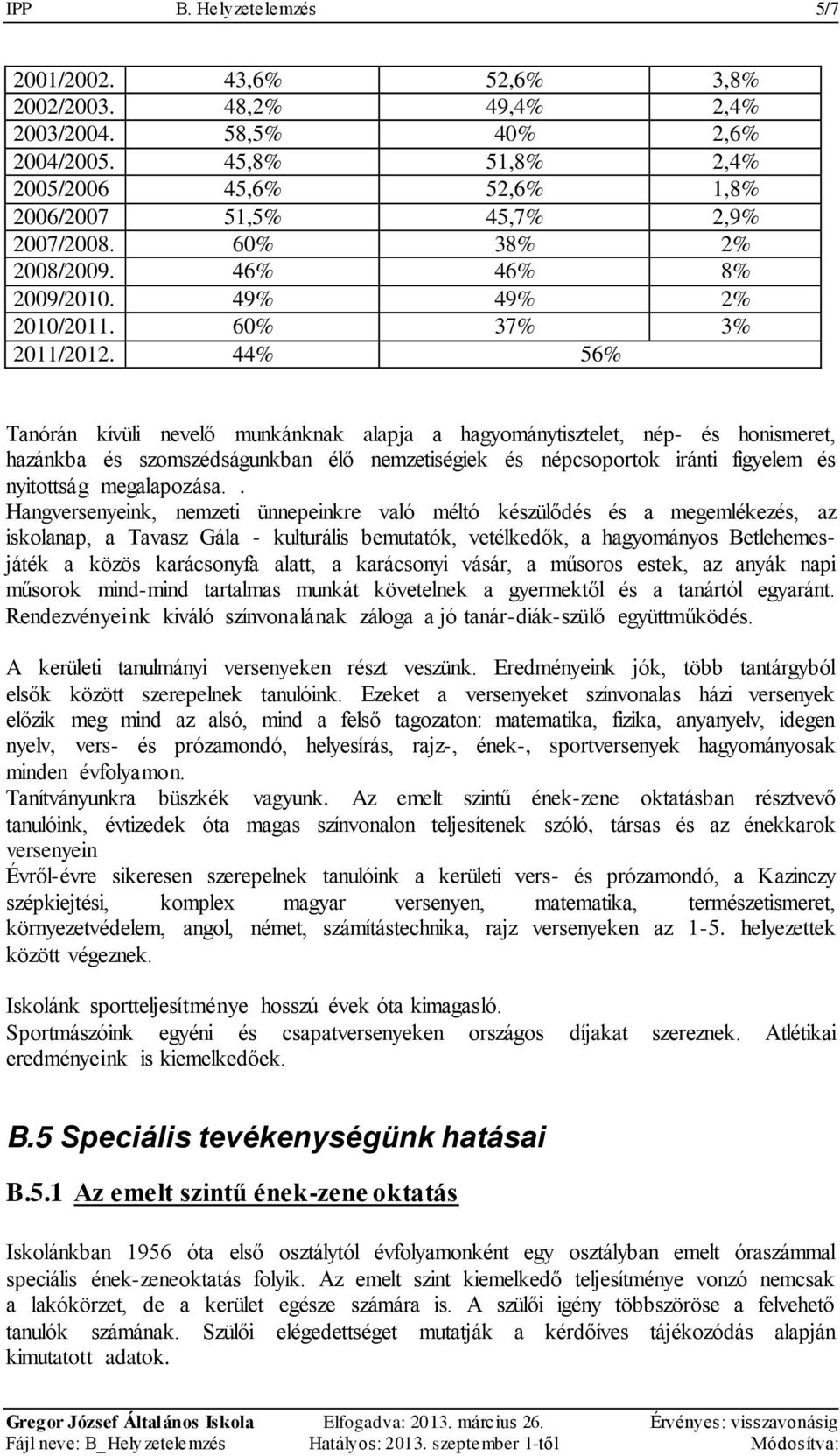 44% 56% Tanórán kívüli nevelő munkánknak alapja a hagyománytisztelet, nép- és honismeret, hazánkba és szomszédságunkban élő nemzetiségiek és népcsoportok iránti figyelem és nyitottság megalapozása.