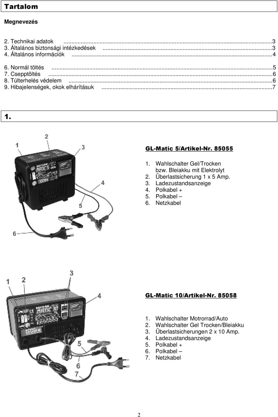 Wahlschalter Gel/Trocken bzw. Bleiakku mit Elektrolyt 2. Überlastsicherung 1 x 5 Amp. 3. Ladezustandsanzeige 4. Polkabel + 5. Polkabel 6.