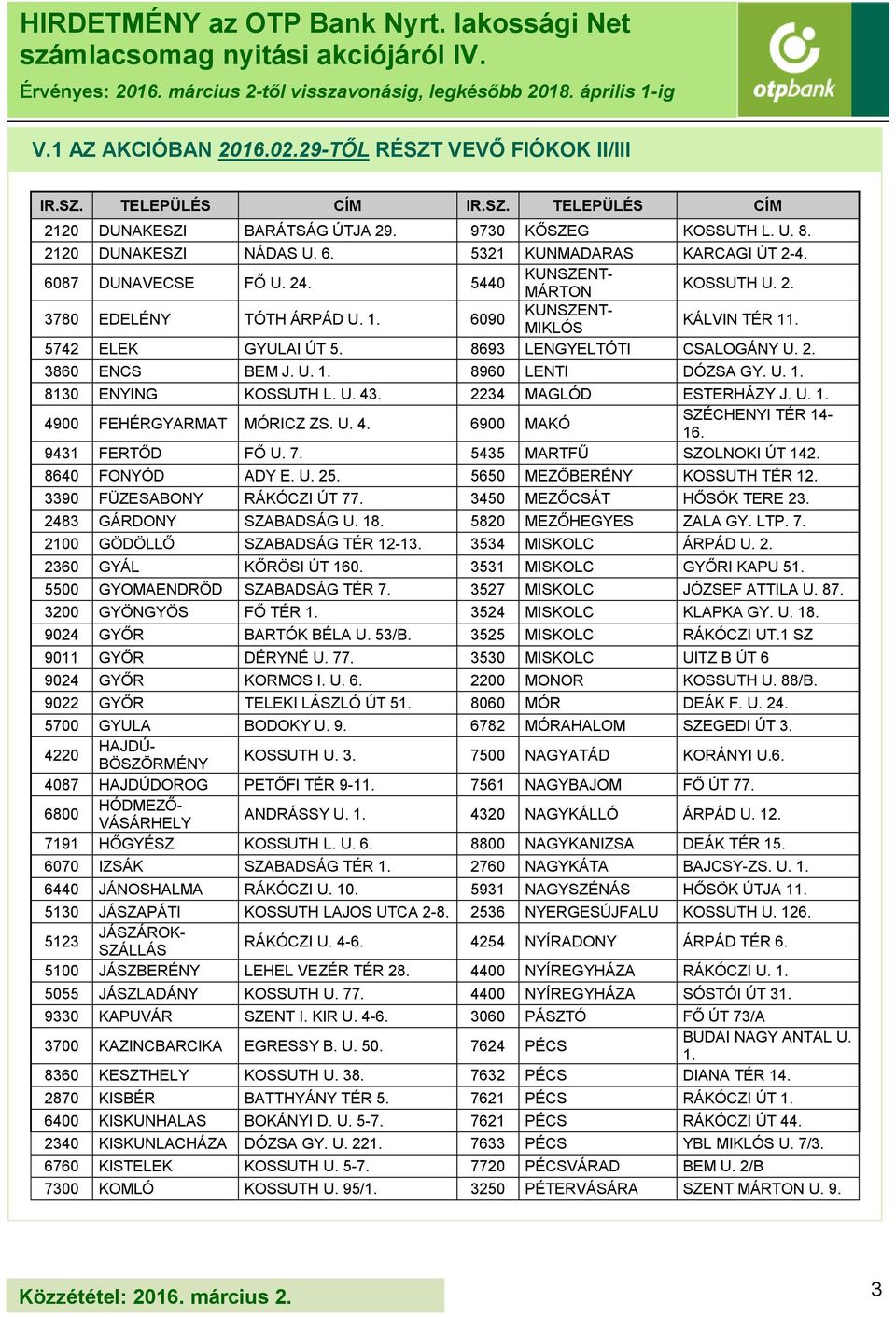 U. 1. 8130 ENYING KOSSUTH L. U. 43. 2234 MAGLÓD ESTERHÁZY J. U. 1. 4900 FEHÉRGYARMAT MÓRICZ ZS. U. 4. 6900 MAKÓ SZÉCHENYI TÉR 14-16. 9431 FERTŐD FŐ U. 7. 5435 MARTFŰ SZOLNOKI ÚT 142.