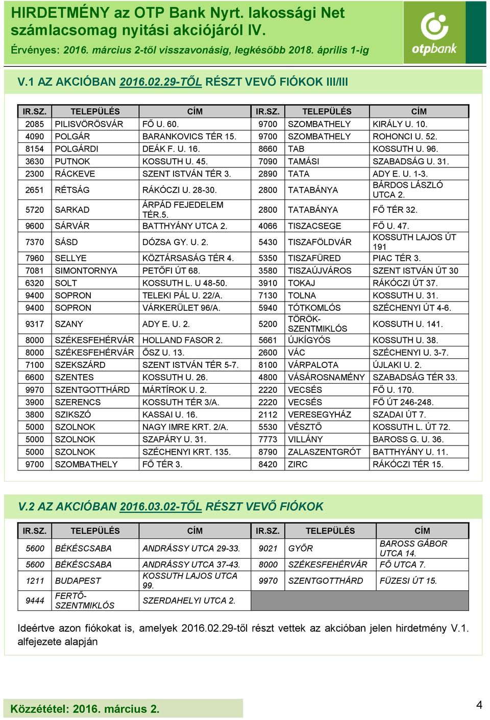 2800 TATABÁNYA BÁRDOS LÁSZLÓ UTCA 2. 5720 SARKAD ÁRPÁD FEJEDELEM TÉR.5. 2800 TATABÁNYA FŐ TÉR 32. 9600 SÁRVÁR BATTHYÁNY UTCA 2. 4066 TISZACSEGE FŐ U. 47. 7370 SÁSD DÓZSA GY. U. 2. 5430 TISZAFÖLDVÁR KOSSUTH LAJOS ÚT 191 7960 SELLYE KÖZTÁRSASÁG TÉR 4.