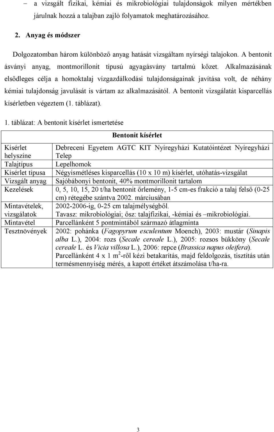 Alkalmazásának elsődleges célja a homoktalaj vízgazdálkodási tulajdonságainak javítása volt, de néhány kémiai tulajdonság javulását is vártam az alkalmazásától.