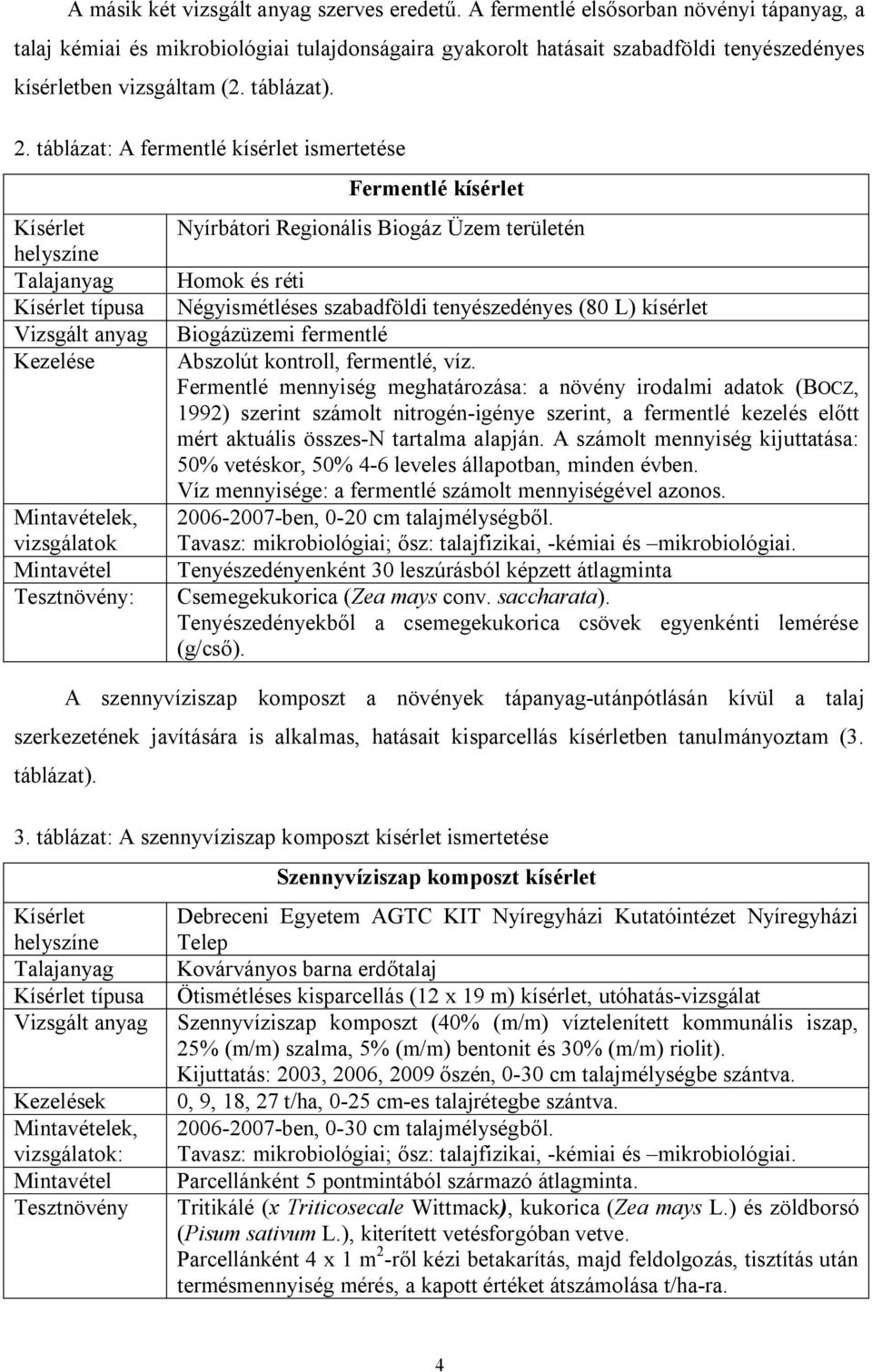 táblázat: A fermentlé kísérlet ismertetése Fermentlé kísérlet Kísérlet Nyírbátori Regionális Biogáz Üzem területén helyszíne Talajanyag Homok és réti Kísérlet típusa Négyismétléses szabadföldi