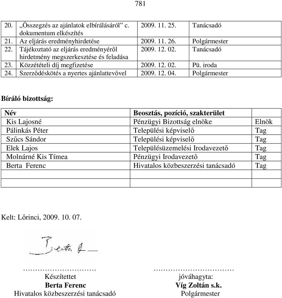 Polgármester Bíráló bizottság: Név Beosztás, pozíció, szakterület Kis Lajosné Pénzügyi Bizottság elnöke Elnök Pálinkás Péter Települési képviselı Tag Szőcs Sándor Települési képviselı Tag Elek Lajos