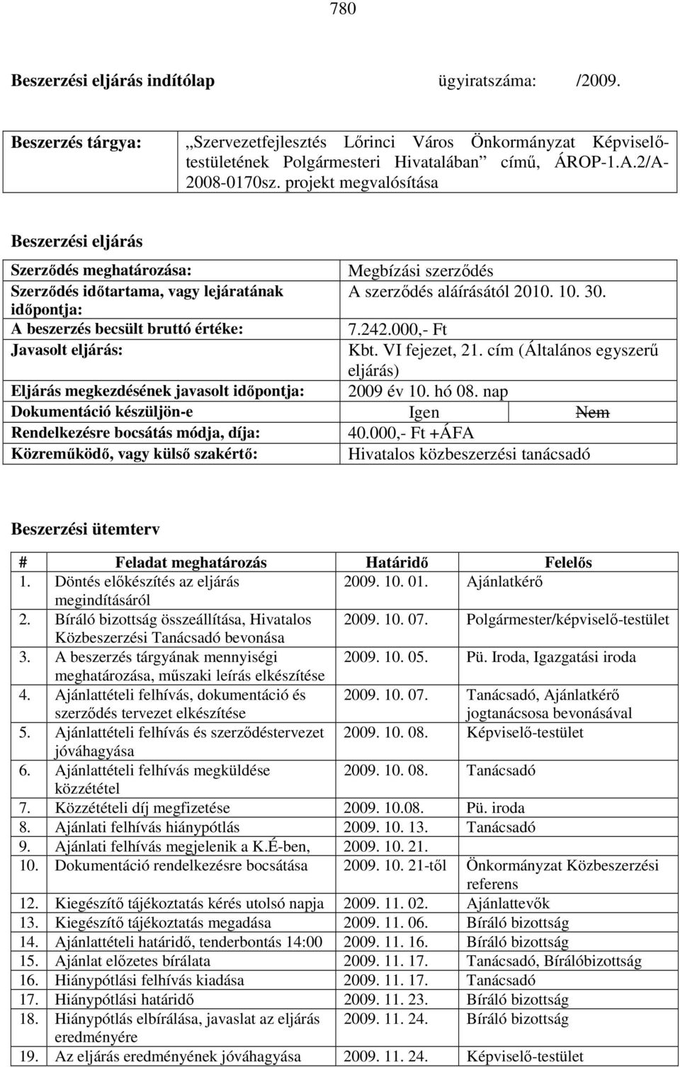 idıpontja: A beszerzés becsült bruttó értéke: 7.242.000,- Ft Javasolt eljárás: Kbt. VI fejezet, 21. cím (Általános egyszerő eljárás) Eljárás megkezdésének javasolt idıpontja: 2009 év 10. hó 08.