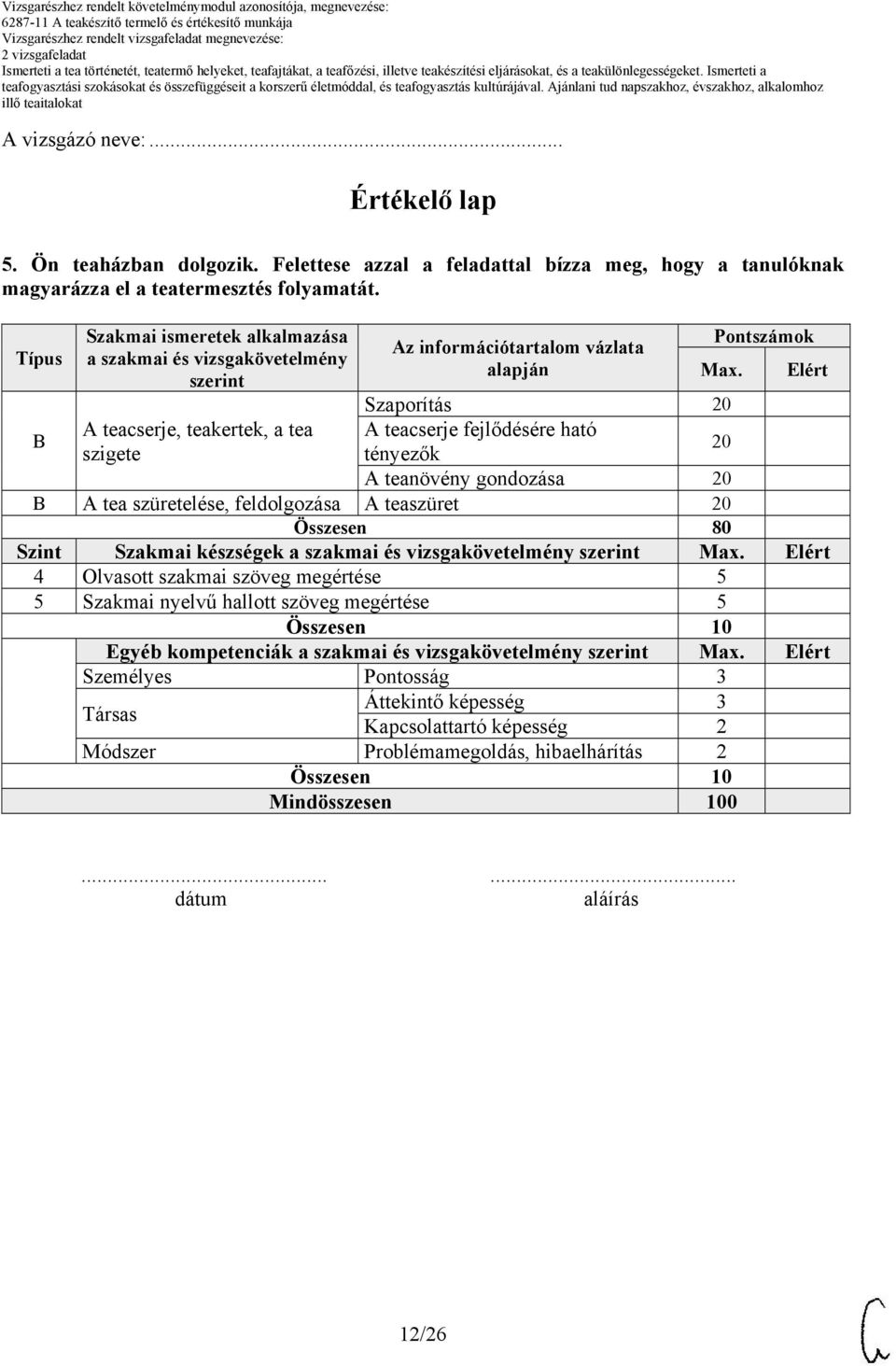 Szaporítás 20 Elért B A teacserje, teakertek, a tea A teacserje fejlődésére ható szigete tényezők 20 A teanövény gondozása 20 B A tea szüretelése, feldolgozása A teaszüret 20 Összesen 80 Szint