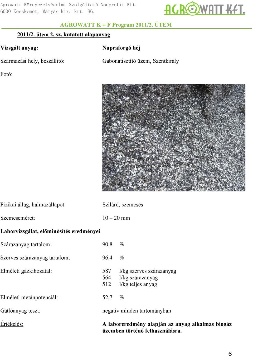 halmazállapot: Szemcseméret: Szilárd, szemcsés 10 20 mm Laborvizsgálat, előminősítés eredményei Szárazanyag tartalom: 90,8 % Szerves szárazanyag