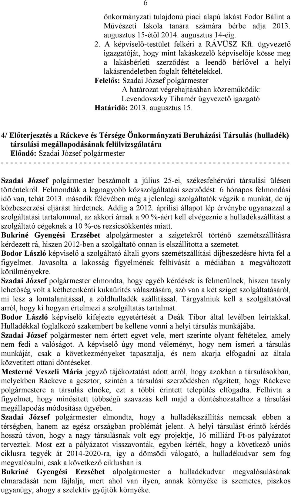 Levendovszky Tihamér ügyvezető igazgató Határidő: 2013. augusztus 15.