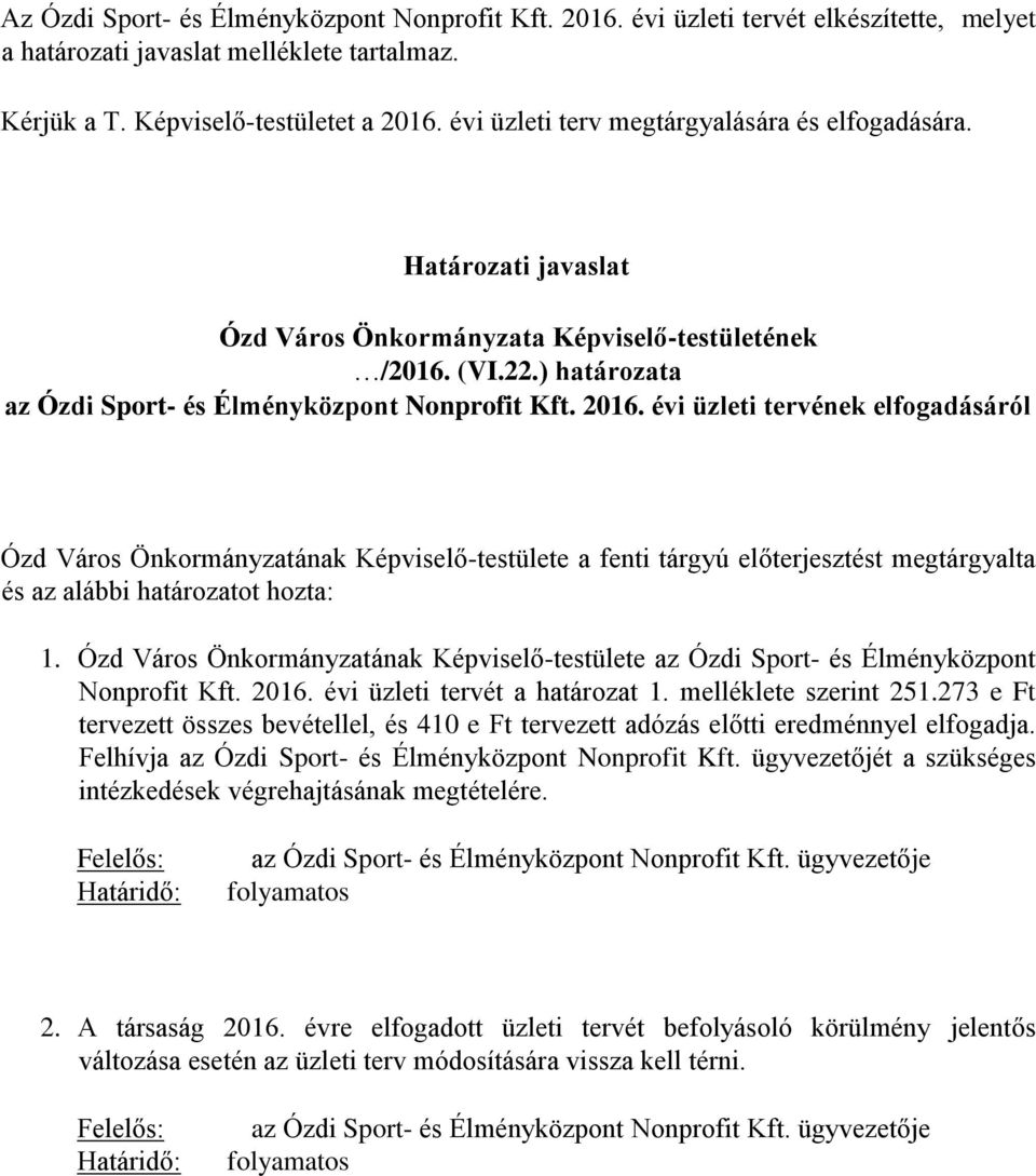 évi üzleti tervének elfogadásáról Ózd Város Önkormányzatának Képviselő-testülete a fenti tárgyú előterjesztést megtárgyalta és az alábbi határozatot hozta: 1.