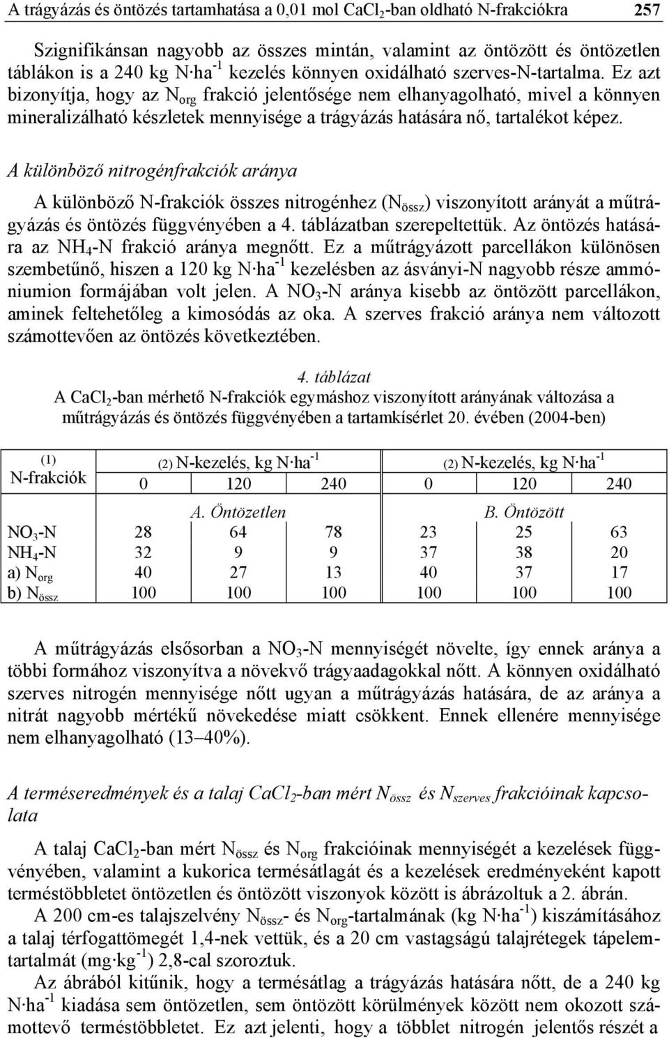 Ez azt bizonyítja, hogy az N org frakció jelentősége nem elhanyagolható, mivel a könnyen mineralizálható készletek mennyisége a trágyázás hatására nő, tartalékot képez.