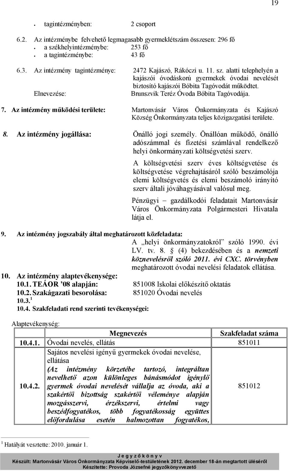 Az intézmény működési területe: és Kajászó Község Önkormányzata teljes közigazgatási területe. 8. Az intézmény jogállása: Önálló jogi személy.