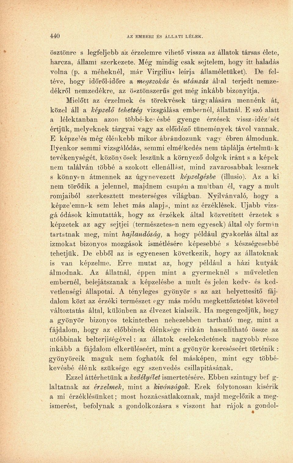 Mielőtt az érzelmek és törekvések tárgyalására mennénk át, közel áll a képzelő tehetség vizsgálása embernél, állatnál.