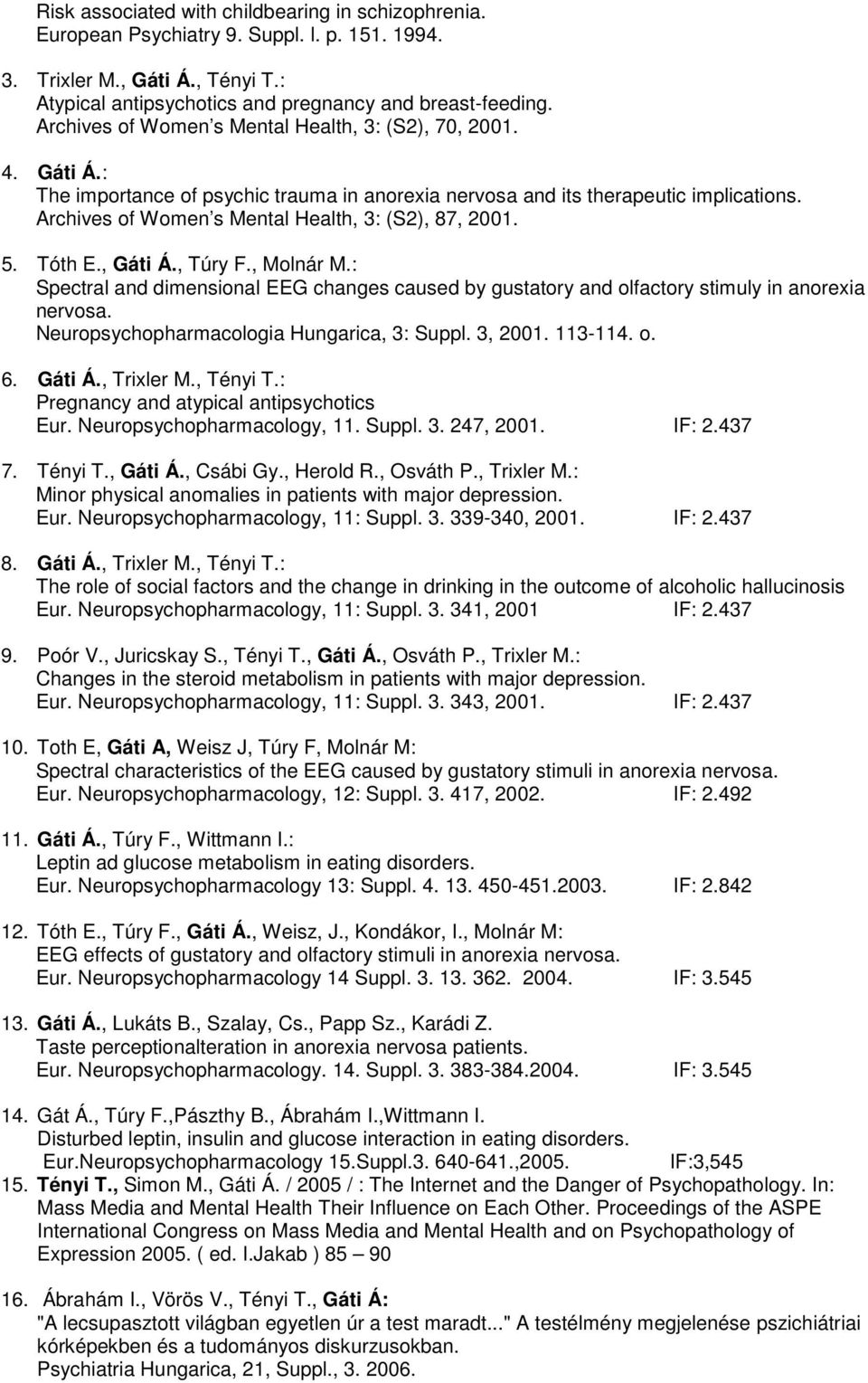 Archives of Women s Mental Health, 3: (S2), 87, 2001. 5. Tóth E., Gáti Á., Túry F., Molnár M.: Spectral and dimensional EEG changes caused by gustatory and olfactory stimuly in anorexia nervosa.