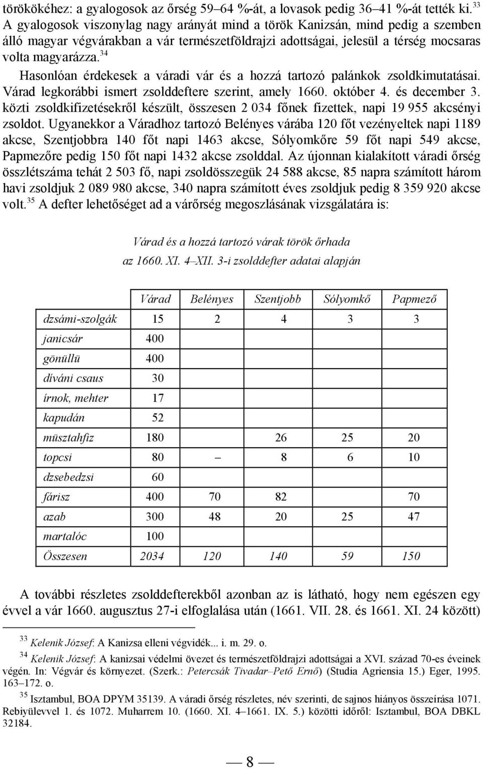 34 Hasonlóan érdekesek a váradi vár és a hozzá tartozó palánkok zsoldkimutatásai. Várad legkorábbi ismert zsolddeftere szerint, amely 1660. október 4. és december 3.