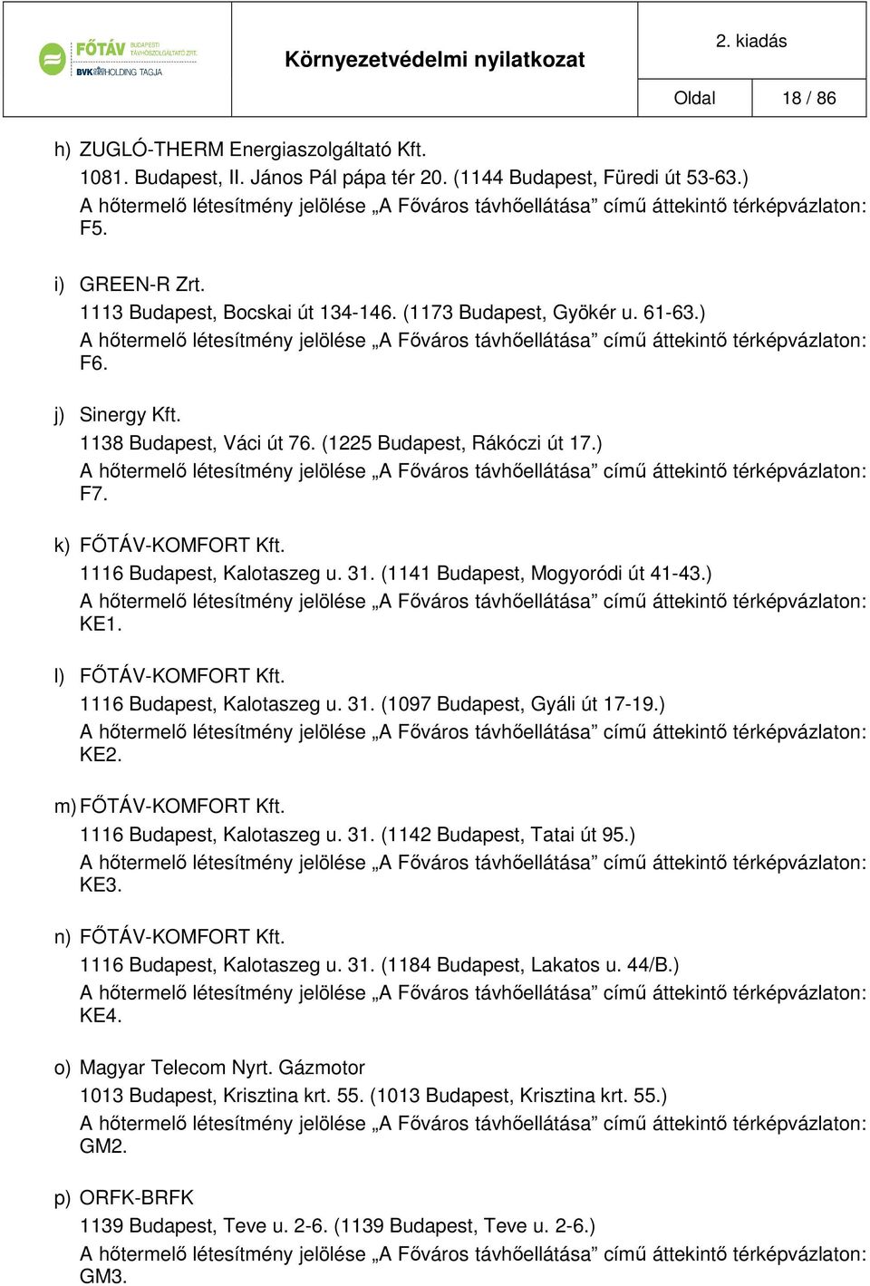 ) A hőtermelő létesítmény jelölése A Főváros távhőellátása című áttekintő térképvázlaton: F6. j) Sinergy Kft. 1138 Budapest, Váci út 76. (1225 Budapest, Rákóczi út 17.