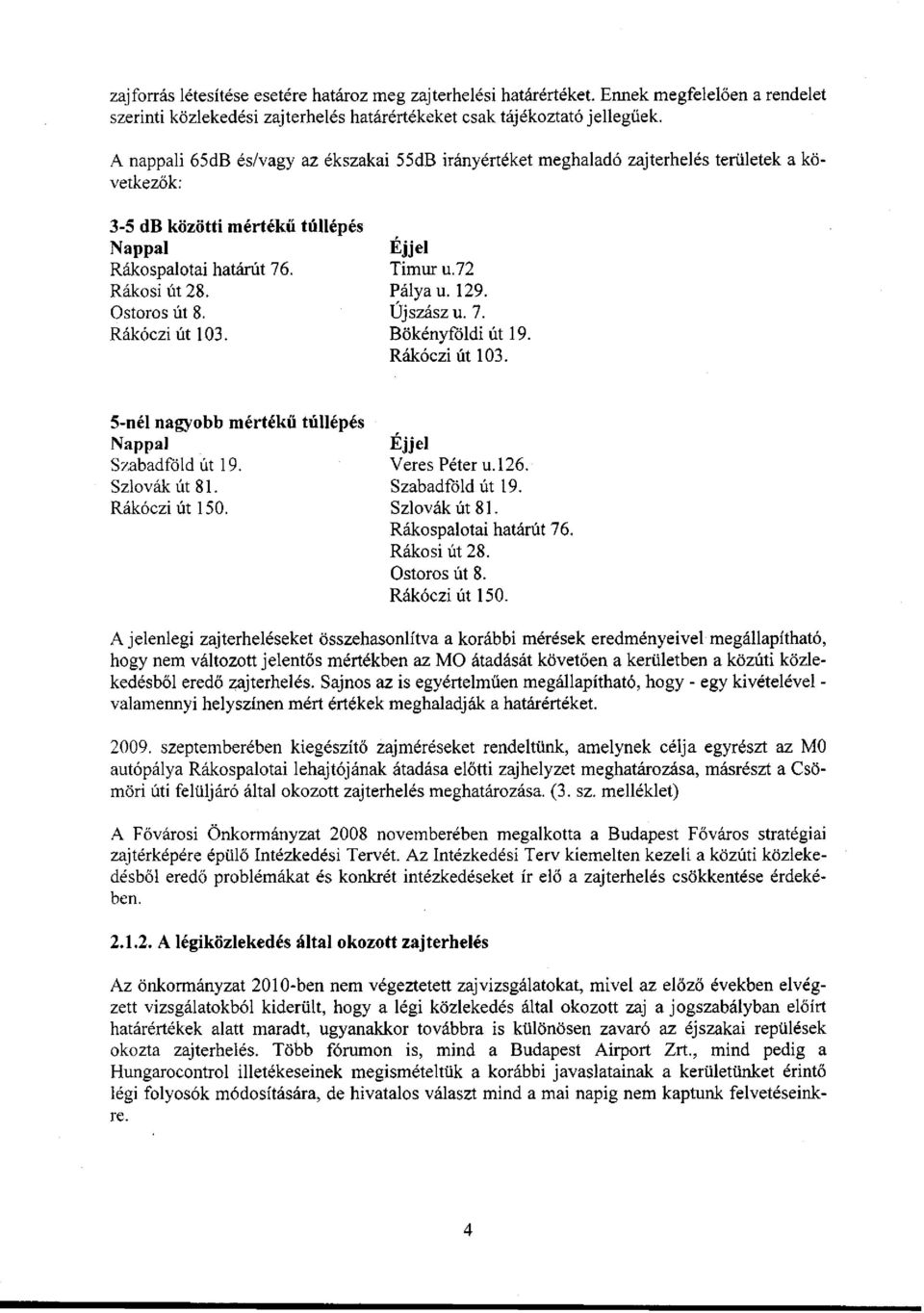 Rákóczi út 103. Éjjel Timur u.72 Pálya u. 129. Újszász u. 7. Bökényföldi út 19. Rákóczi út 103. 5-nél nagyobb mértékű túllépés Nappal Szabadföld út 19. Szlovák út 81. Rákóczi út 150.