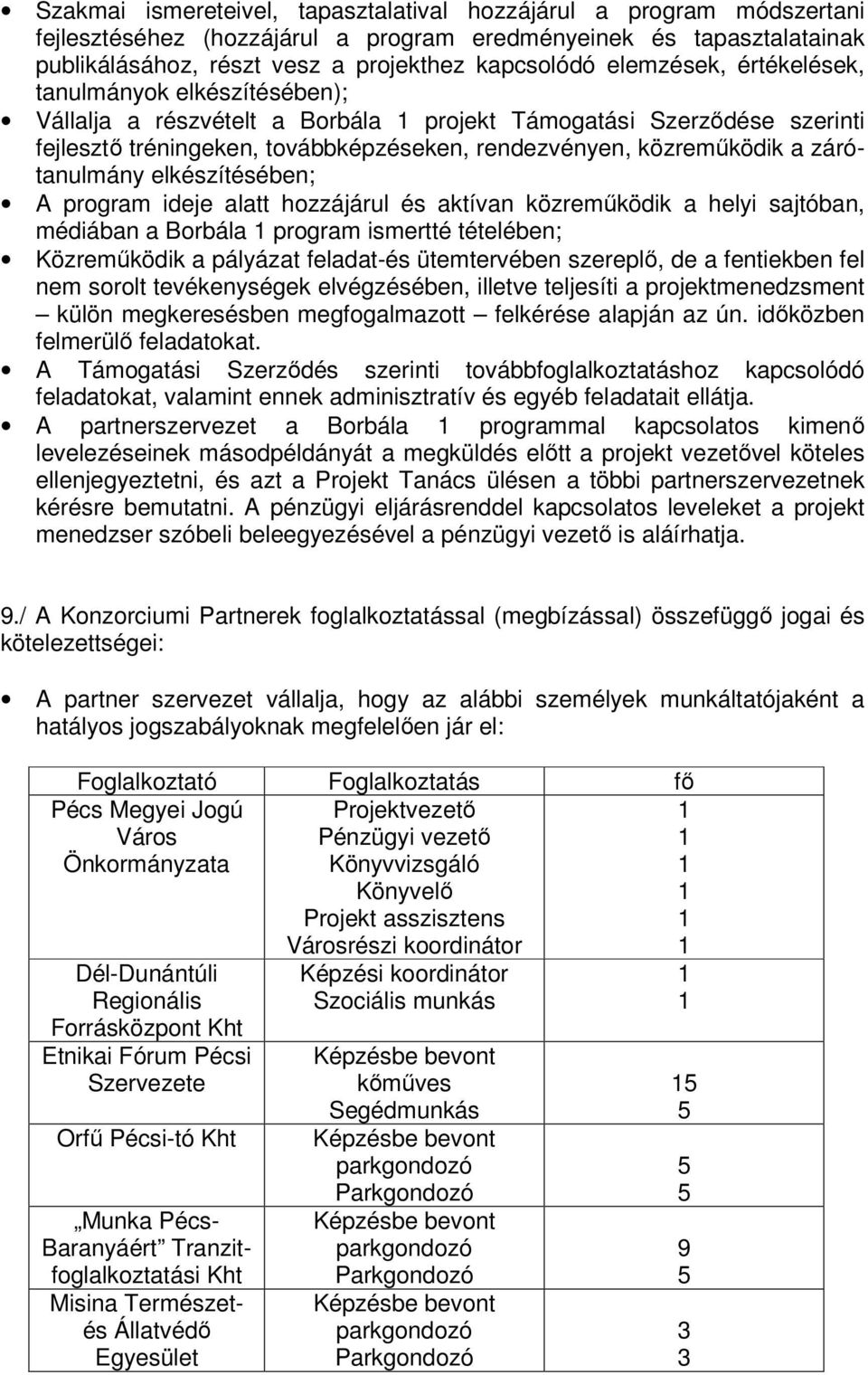 zárótanulmány elkészítésében; A program ideje alatt hozzájárul és aktívan közreműködik a helyi sajtóban, médiában a Borbála program ismertté tételében; Közreműködik a pályázat feladat-és ütemtervében