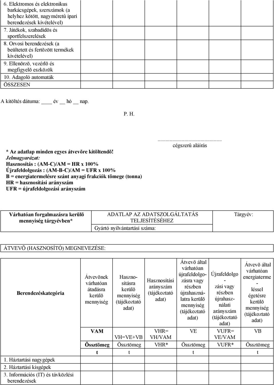 Jelmagyarázat: Hasznosítás : (AM-C)/AM = HR x 100% Újrafeldolgozás : (AM-B-C)/AM = UFR x 100% B = energiatermelésre szánt anyagi frakciók tömege (tonna) HR = hasznosítási arányszám UFR =