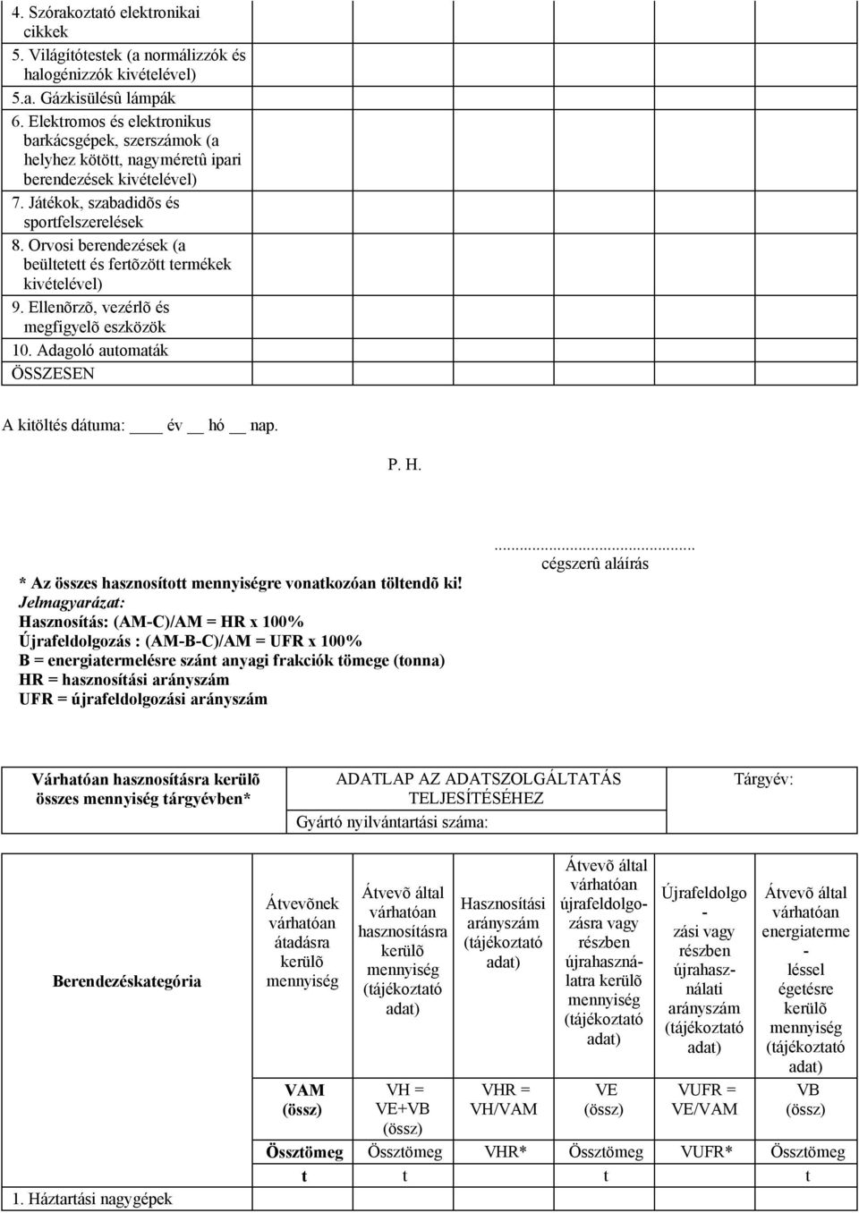 Jelmagyarázat: Hasznosítás: (AM-C)/AM = HR x 100% Újrafeldolgozás : (AM-B-C)/AM = UFR x 100% B = energiatermelésre szánt anyagi frakciók tömege (tonna) HR = hasznosítási arányszám UFR =