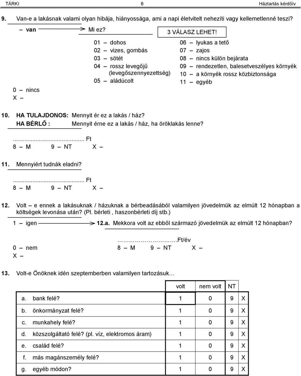 06 lyukas a tető 07 zajos 08 nincs külön bejárata 09 rendezetlen, balesetveszélyes környék 10 a környék rossz közbiztonsága 11 egyéb 10. HA TULAJDONOS: Mennyit ér ez a lakás / ház?