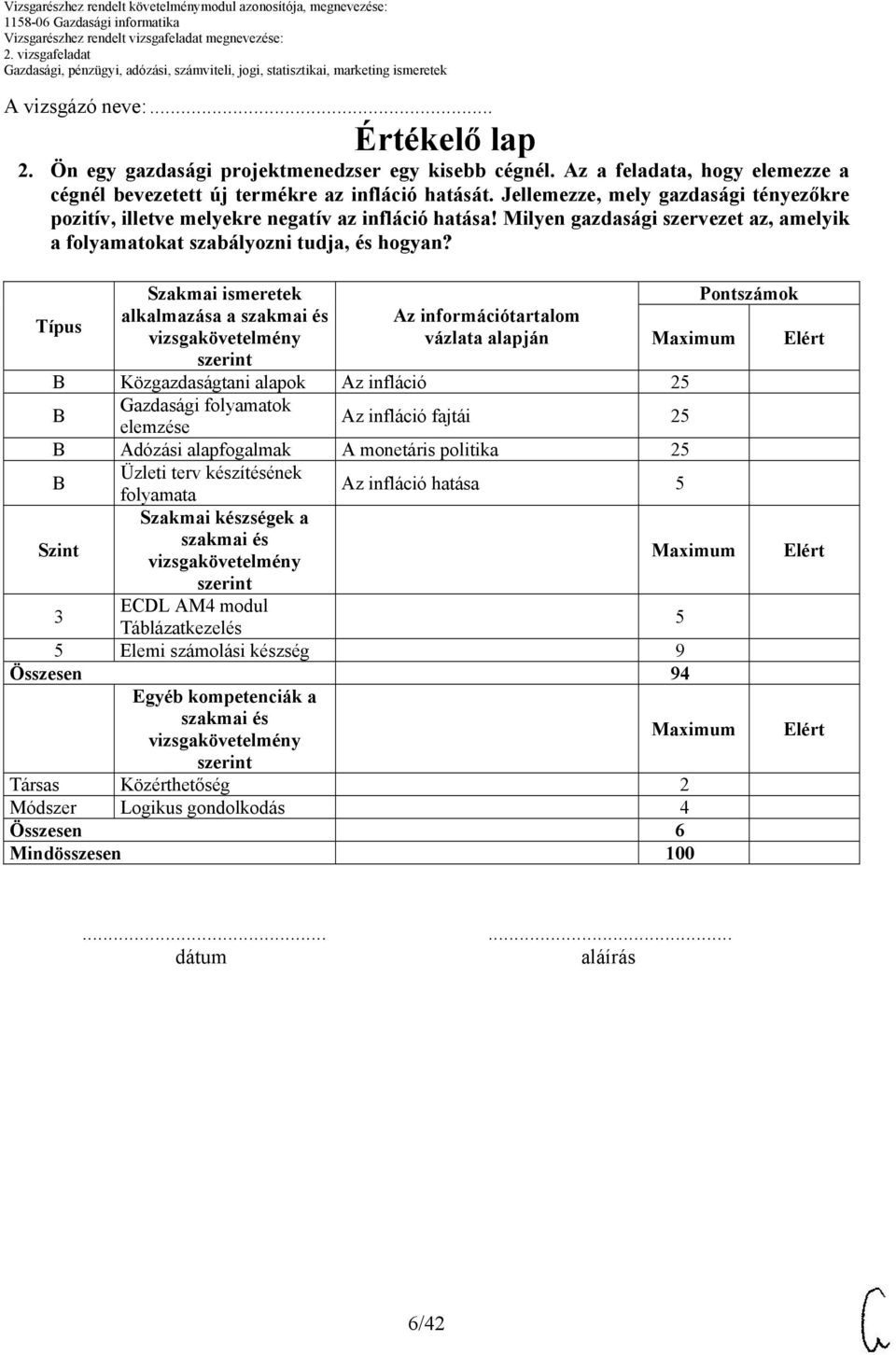 Típus Szint Szakmai ismeretek alkalmazása a Az információtartalom vázlata alapján Közgazdaságtani alapok Az infláció 25 Gazdasági folyamatok elemzése Az infláció fajtái 25 Adózási alapfogalmak A