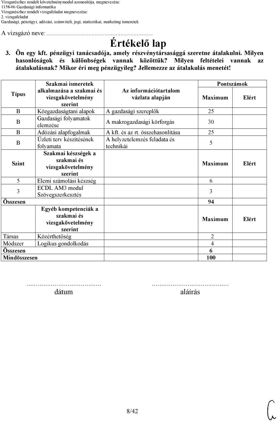 Típus Szint Szakmai ismeretek alkalmazása a Az információtartalom vázlata alapján Közgazdaságtani alapok A gazdasági szereplők 25 Gazdasági folyamatok elemzése A makrogazdasági körforgás 30 Adózási