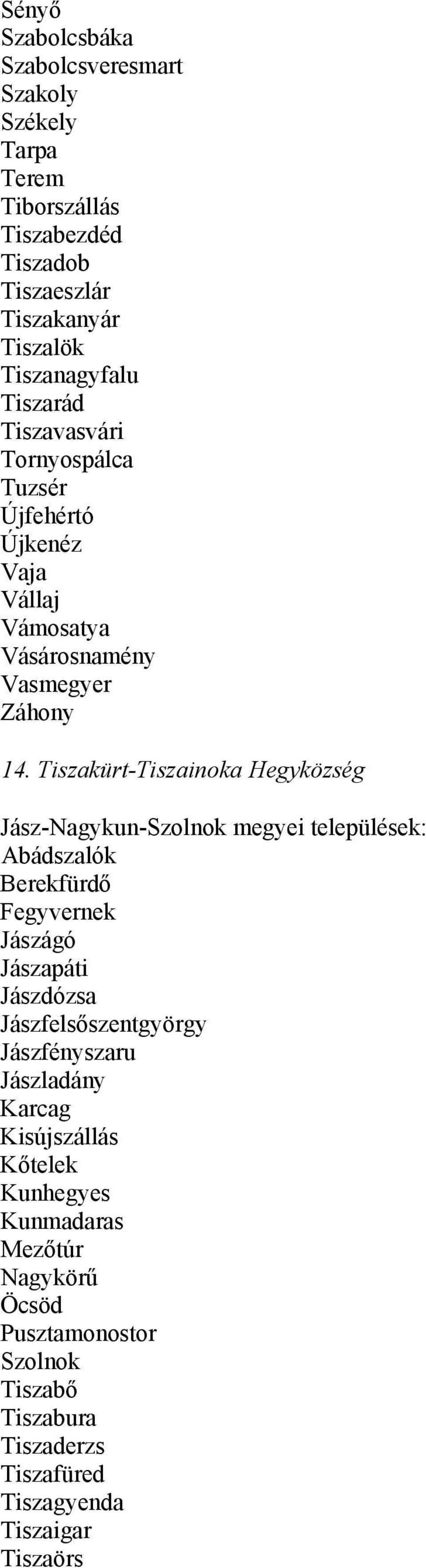 Tiszakürt-Tiszainoka Hegyközség Jász-Nagykun-Szolnok megyei települések: Abádszalók Berekfürdő Fegyvernek Jászágó Jászapáti Jászdózsa