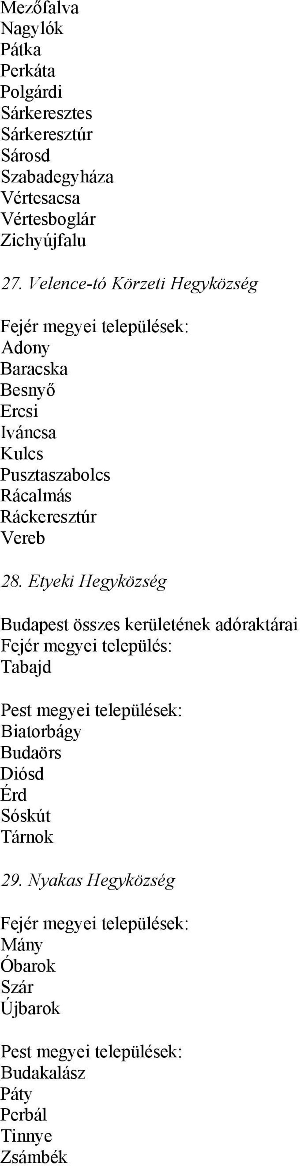 28. Etyeki Hegyközség Budapest összes kerületének adóraktárai Fejér megyei település: Tabajd Pest megyei települések: Biatorbágy Budaörs