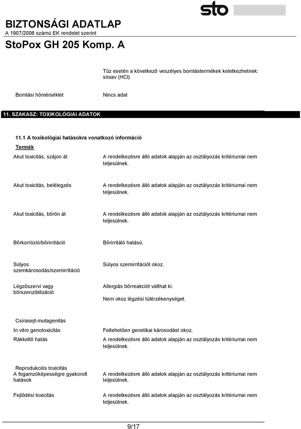 Bőrirritáló hatású. Súlyos szemkárosodás/szemirritáció Súlyos szemirritációt okoz. Légzőszervi vagy bőrszenzibilizáció Allergiás bőrreakciót válthat ki.