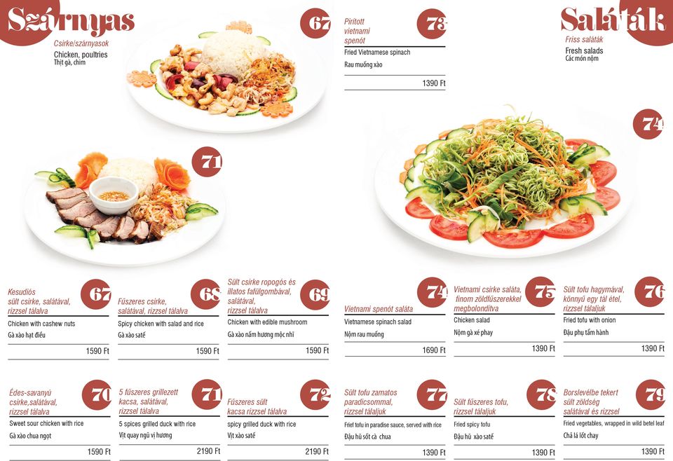 grillezett 70 5kacsa, csirke saláta, 75 74 Vietnami finom 69 Vietnami spenót saláta megbolondítva Sült tofu hagymával, könnyű egy tál étel, rizzsel tálaljuk Chicken with edible mushroom Vietnamese