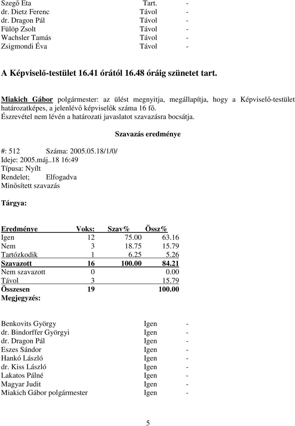 Észrevétel nem lévén a határozati javaslatot szavazásra bocsátja. #: 512 Száma: 2005.05.18/1/0/ Ideje: 2005.máj.