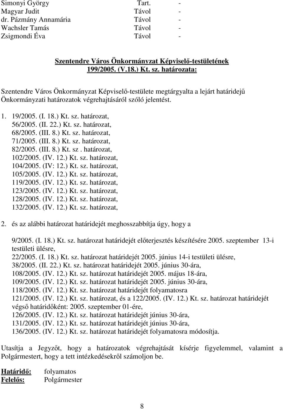 (II. 22.) Kt. sz. határozat, 68/2005. (III. 8.) Kt. sz. határozat, 71/2005. (III. 8.) Kt. sz. határozat, 82/2005. (III. 8.) Kt. sz. határozat, 102/2005. (IV. 12.) Kt. sz. határozat, 104/2005. (IV: 12.