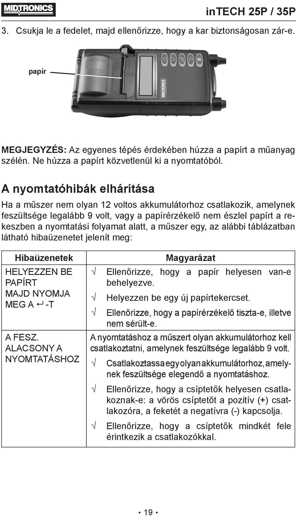 alatt, a műszer egy, az alábbi táblázatban látható hibaüzenetet jelenít meg: Hibaüzenetek HELYEZZEN BE PAPÍRT MAJD NYOMJA MEG A 8 -T A FESZ.