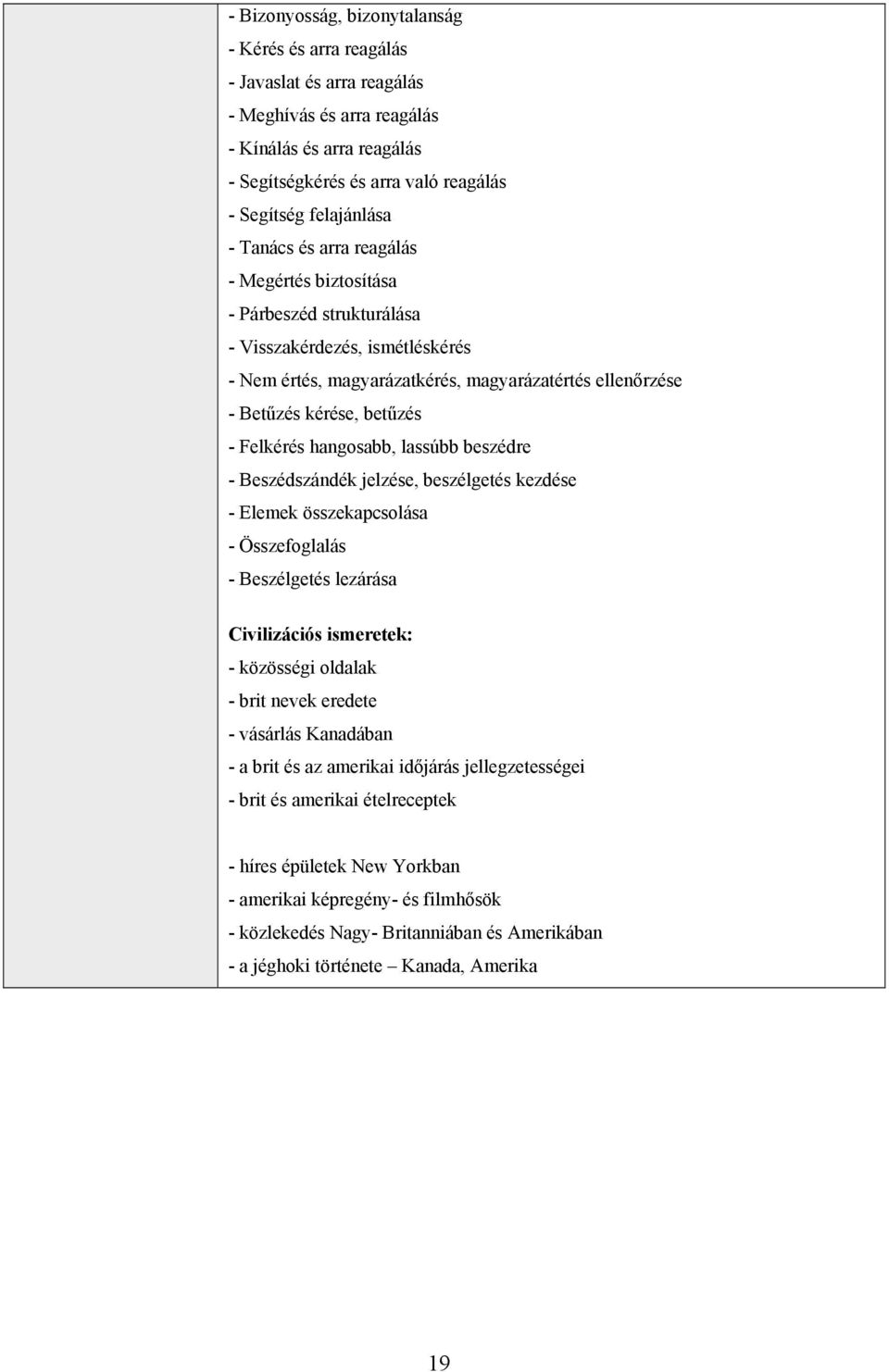 Felkérés hangosabb, lassúbb beszédre - Beszédszándék jelzése, beszélgetés kezdése - Elemek összekapcsolása - Összefoglalás - Beszélgetés lezárása Civilizációs ismeretek: - közösségi oldalak - brit