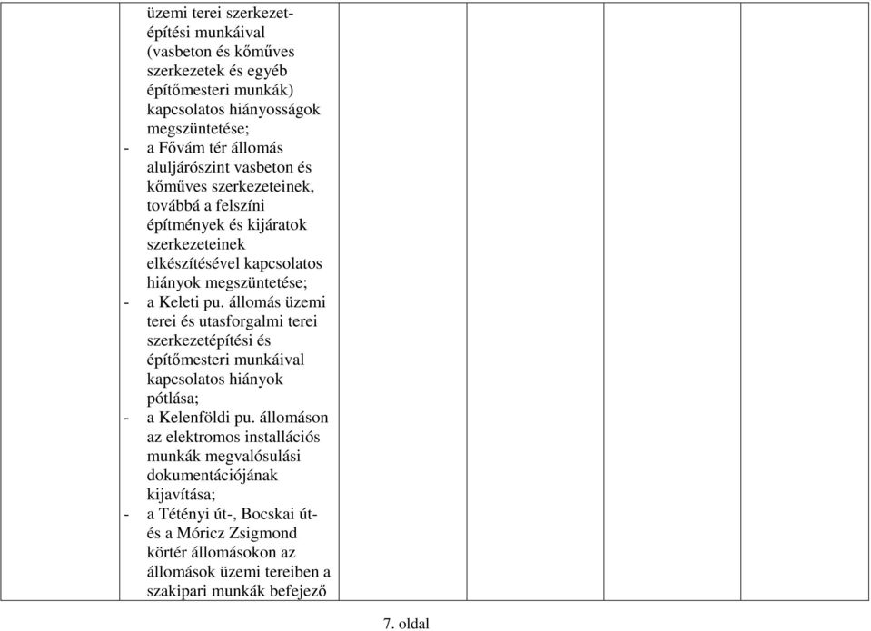 állomás üzemi terei és utasforgalmi terei szerkezetépítési és építőmesteri munkáival kapcsolatos hiányok pótlása; - a Kelenföldi pu.